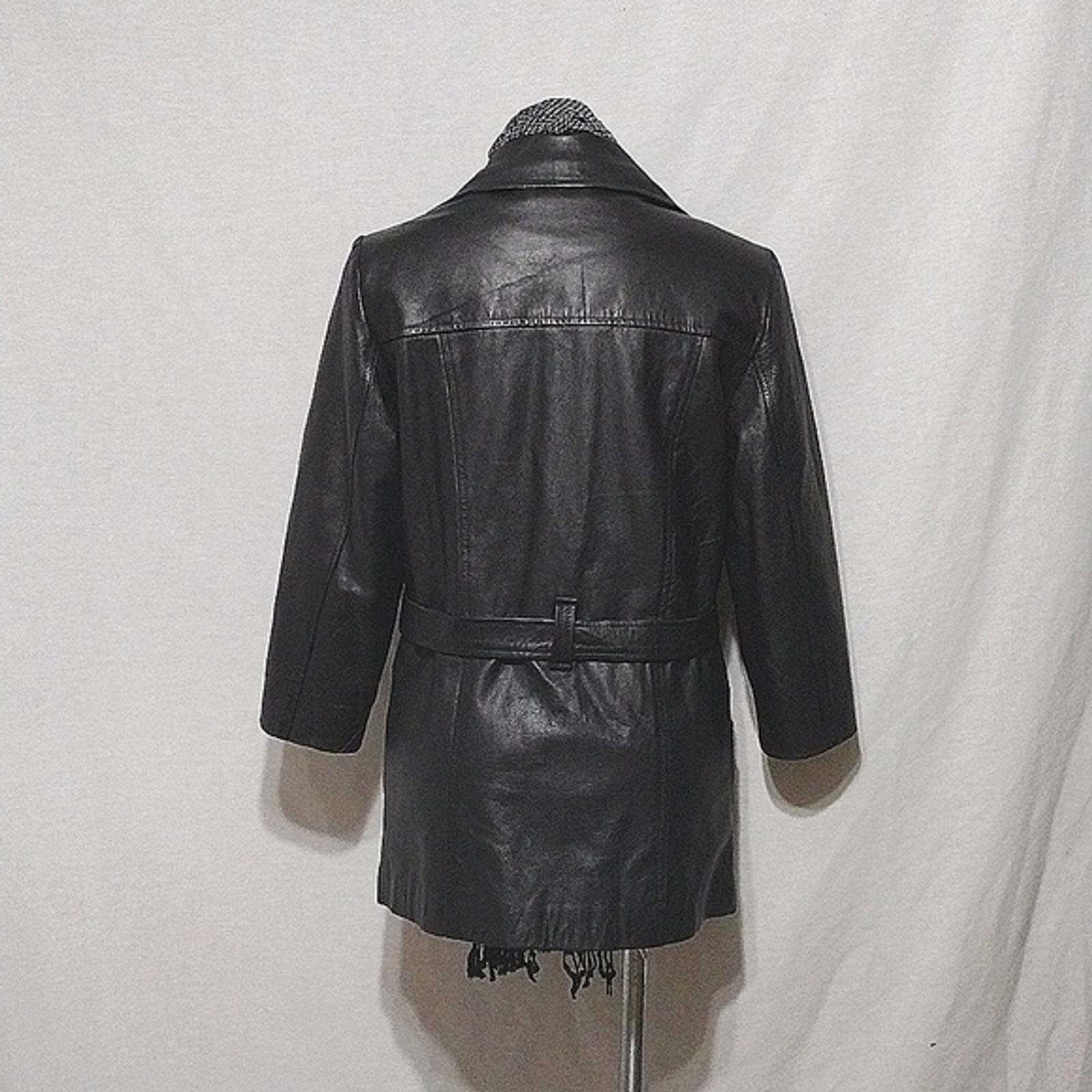 Phase 2 Vtg Gothic Black Leather Belted Button Down Jacket Coat MP Thigh Length