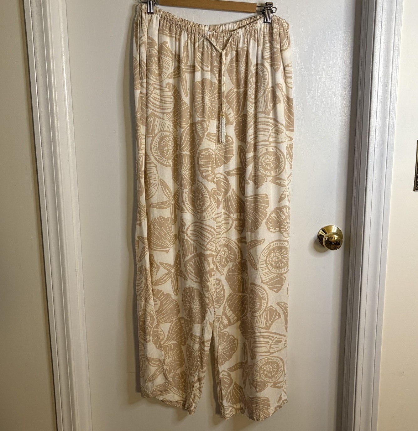 True Destinations Beachy Wide-Leg Pants Shell Print Beaded Tassel Women XL