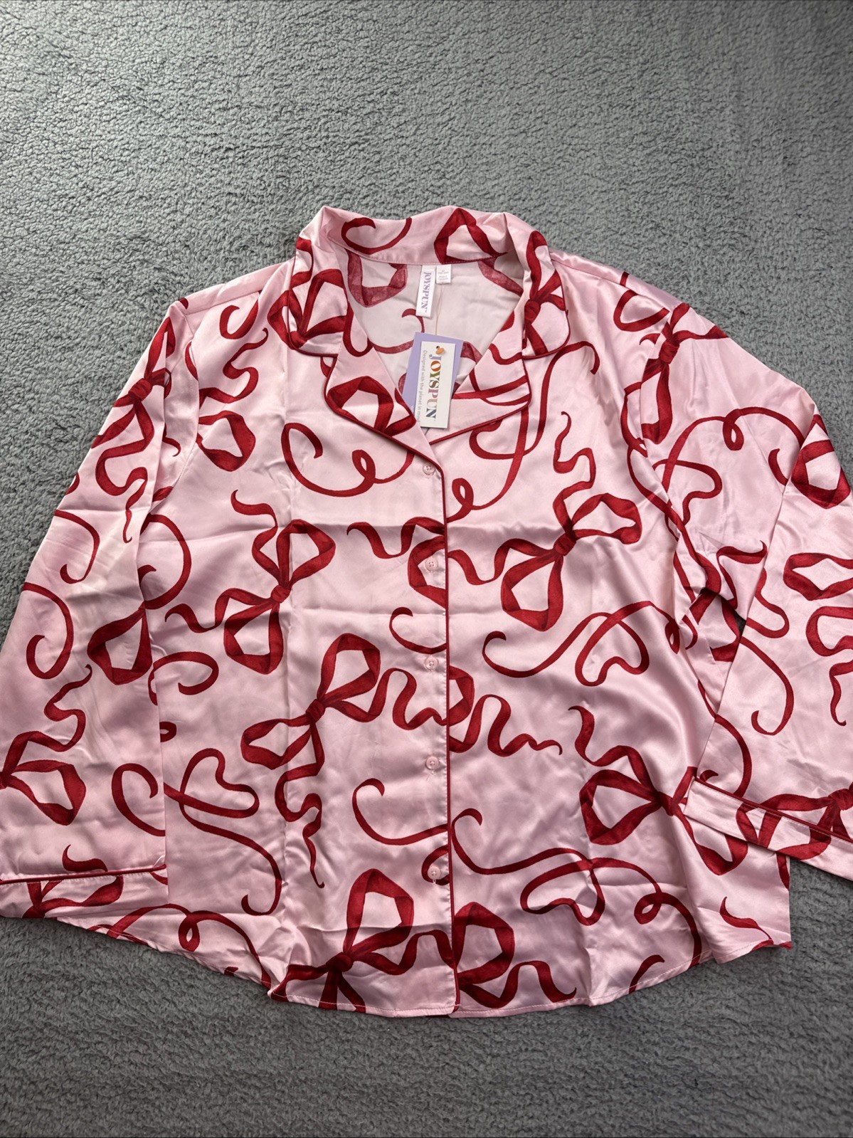 JoySpun Womens Plus Size 2X 18W/20W Pink Ribbons Satin Top & Shorts Pajama Set