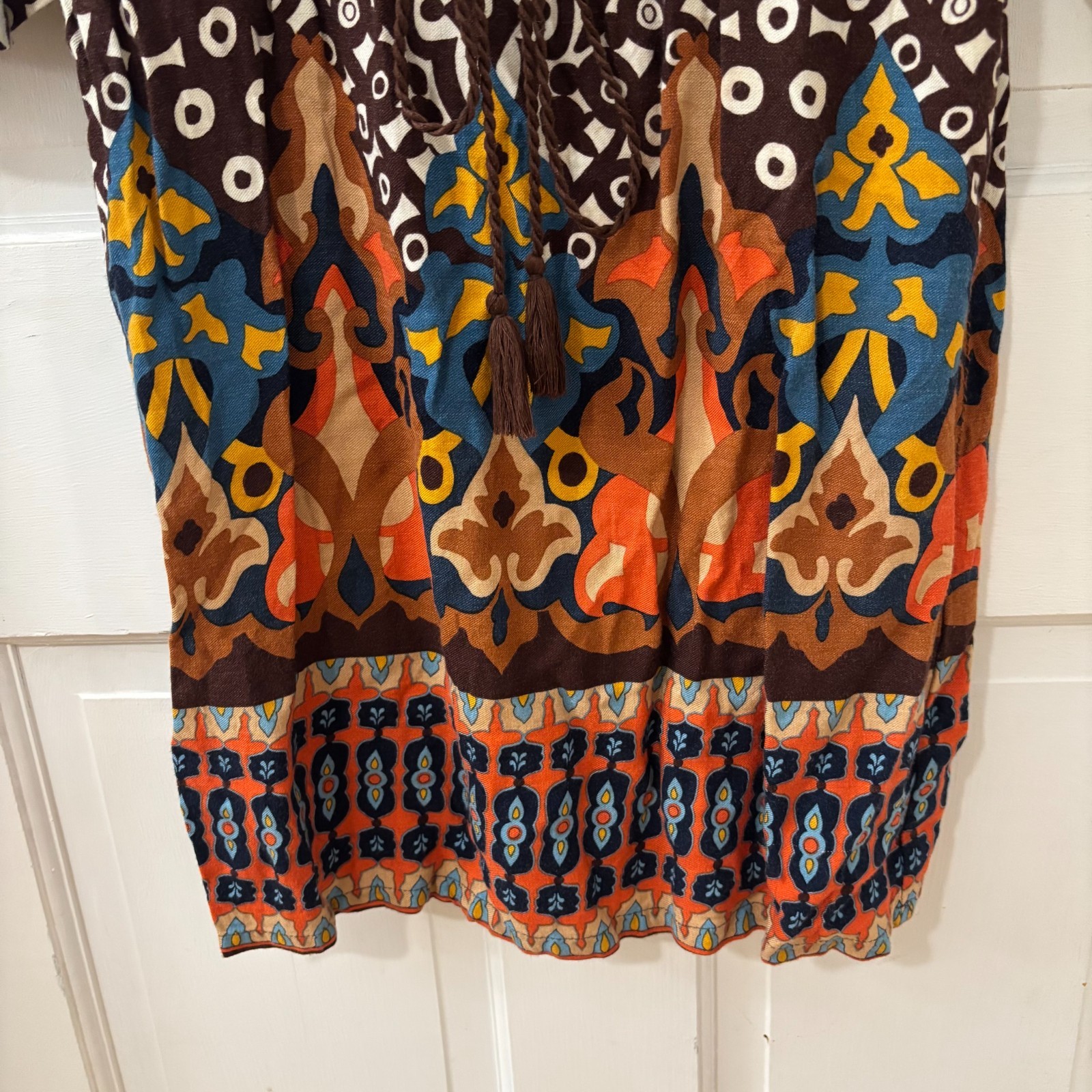 Uncle Frank dress Sz S Boho Hippie Mixed Print Bell sleeve Brown Orange Fall