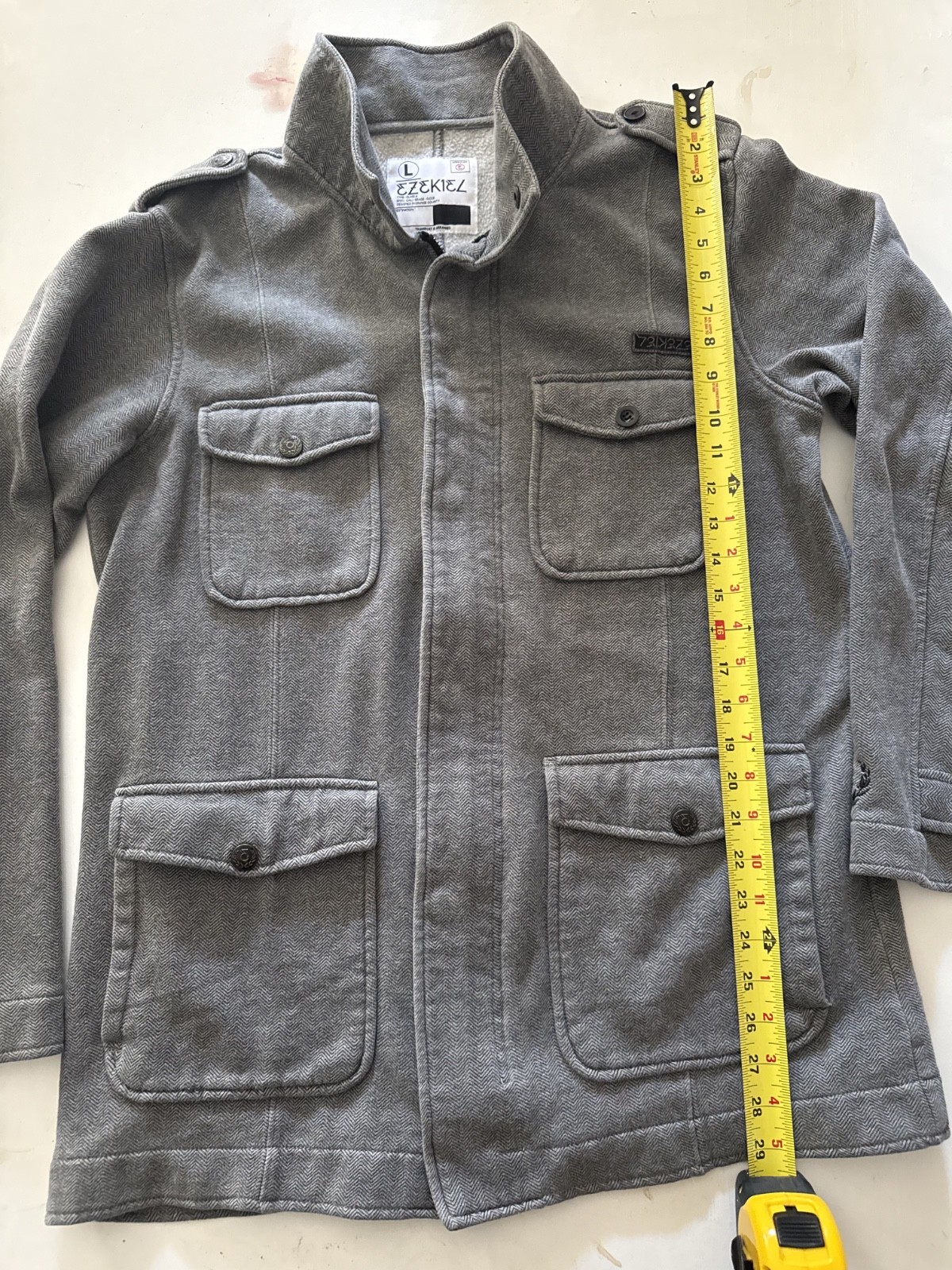 Ezekiel Gray Herringbone Military Field Jacket Size L Full Zip Button Coat