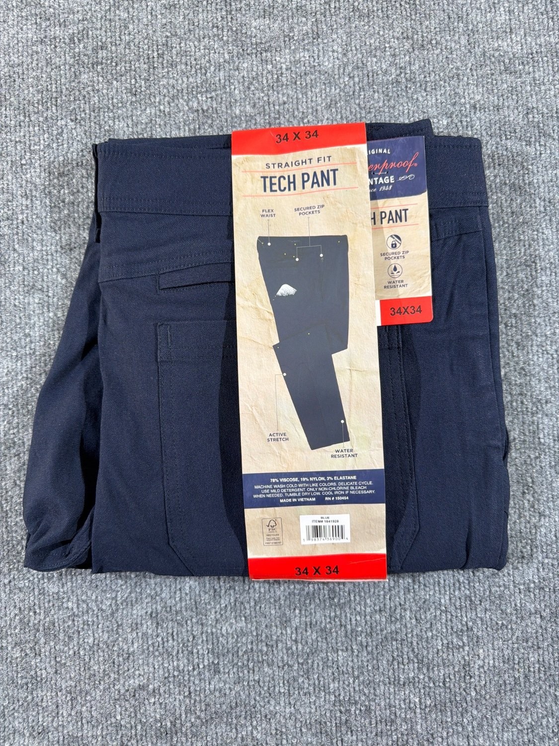 EU 34 Weatherproof Vintage Tech Pant Men 34×34 Straight Fit Active Stretch Navy