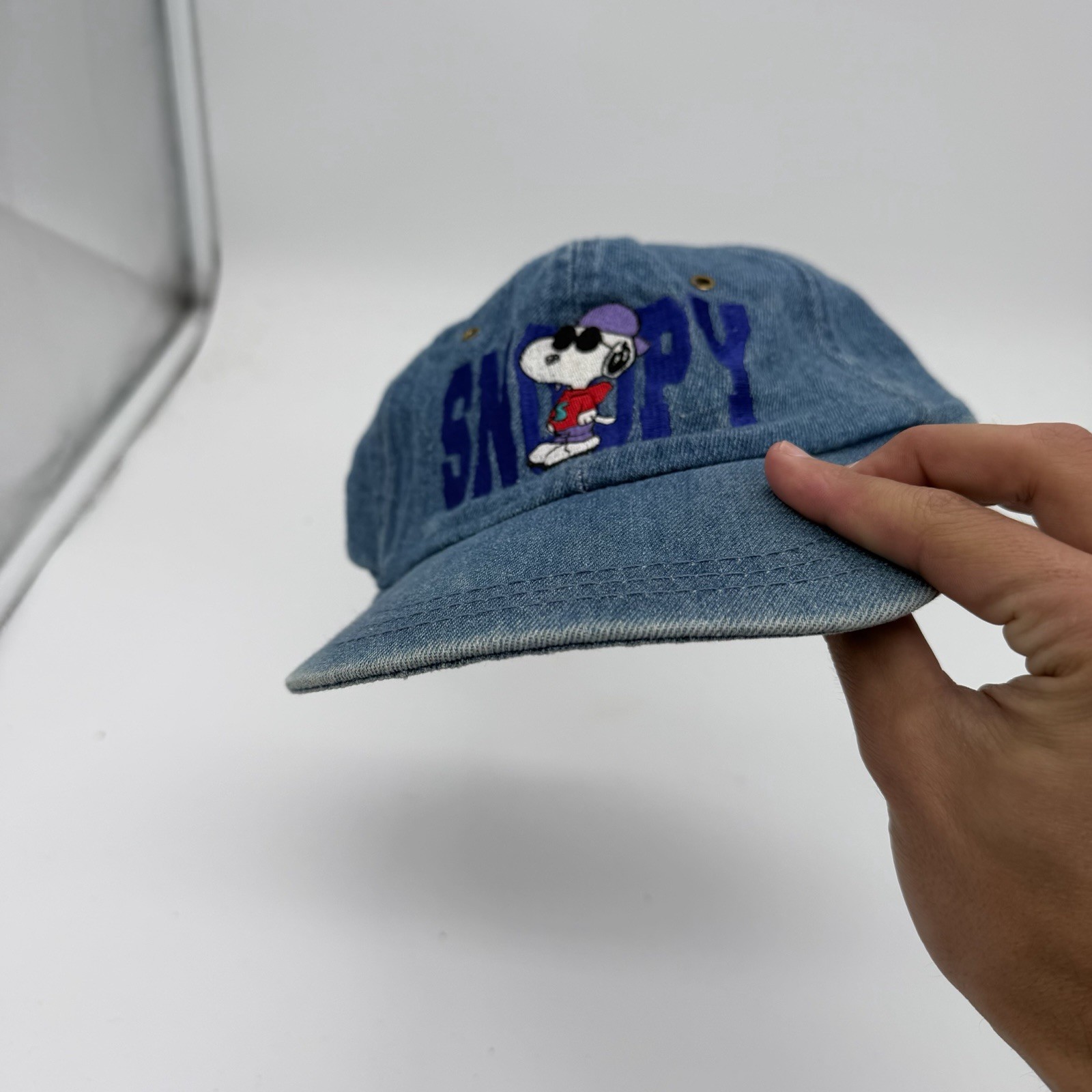 Vintage Snoopy Denim Hat One Size Elastic Stretch Fit Embroidered 90s