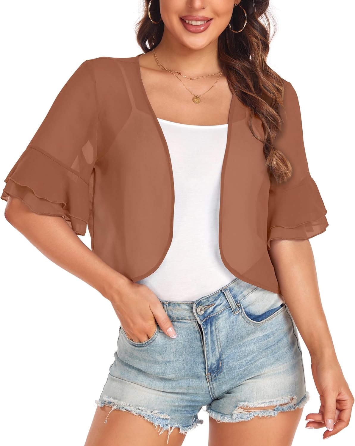 Womens Short Sleeve Shrug Open Front Sheer Ruffle Cardigan Lightweight Jacket