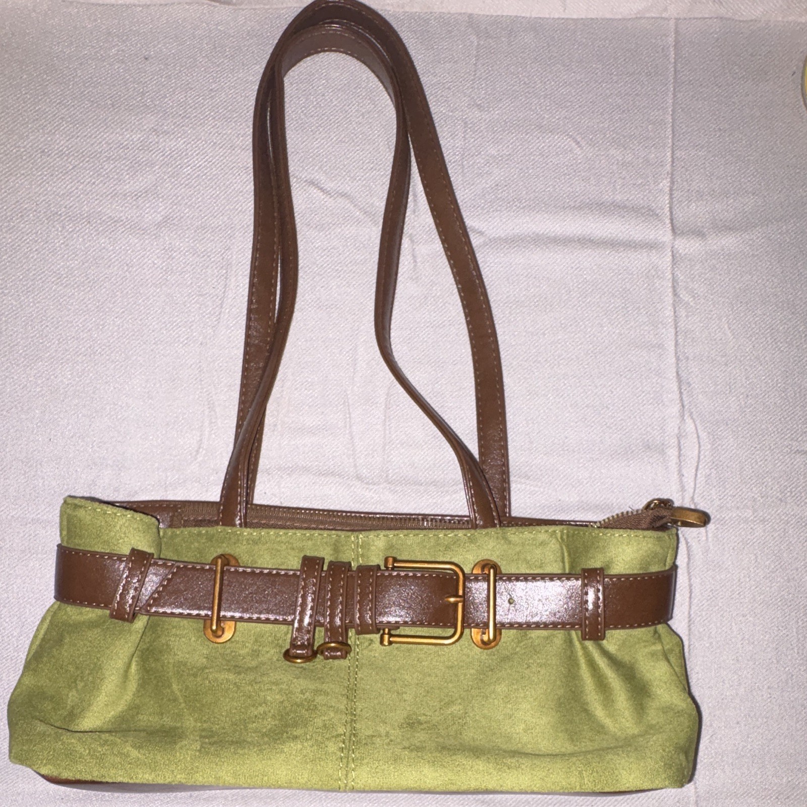 SHEIN Women’s Green/Brown Solid Shoulder Bag Zip Top Buckle, Gold, Pockets
