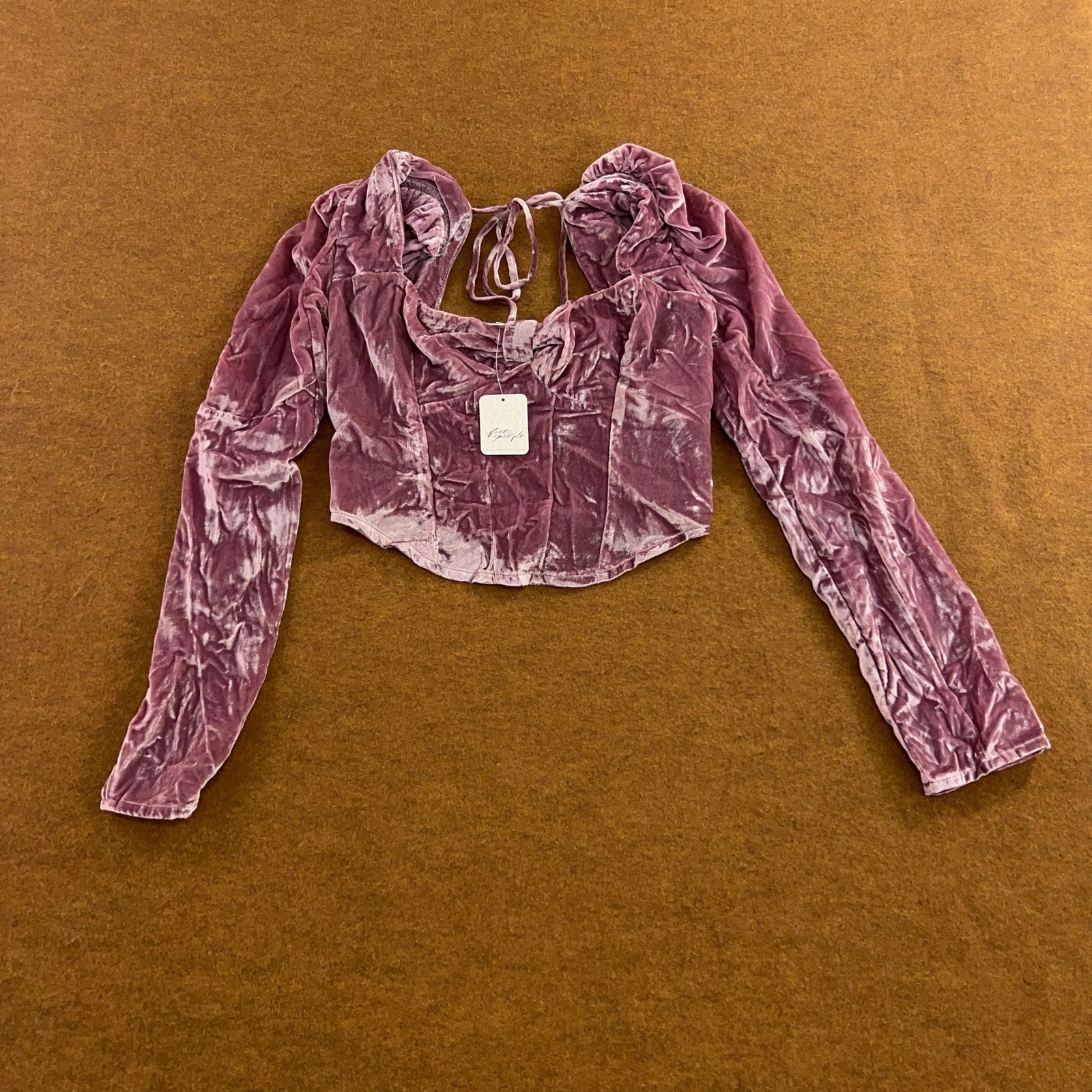Free People Womens XS Mauve Velvet Smocked Corset Long Sleeve Crop Top NWT