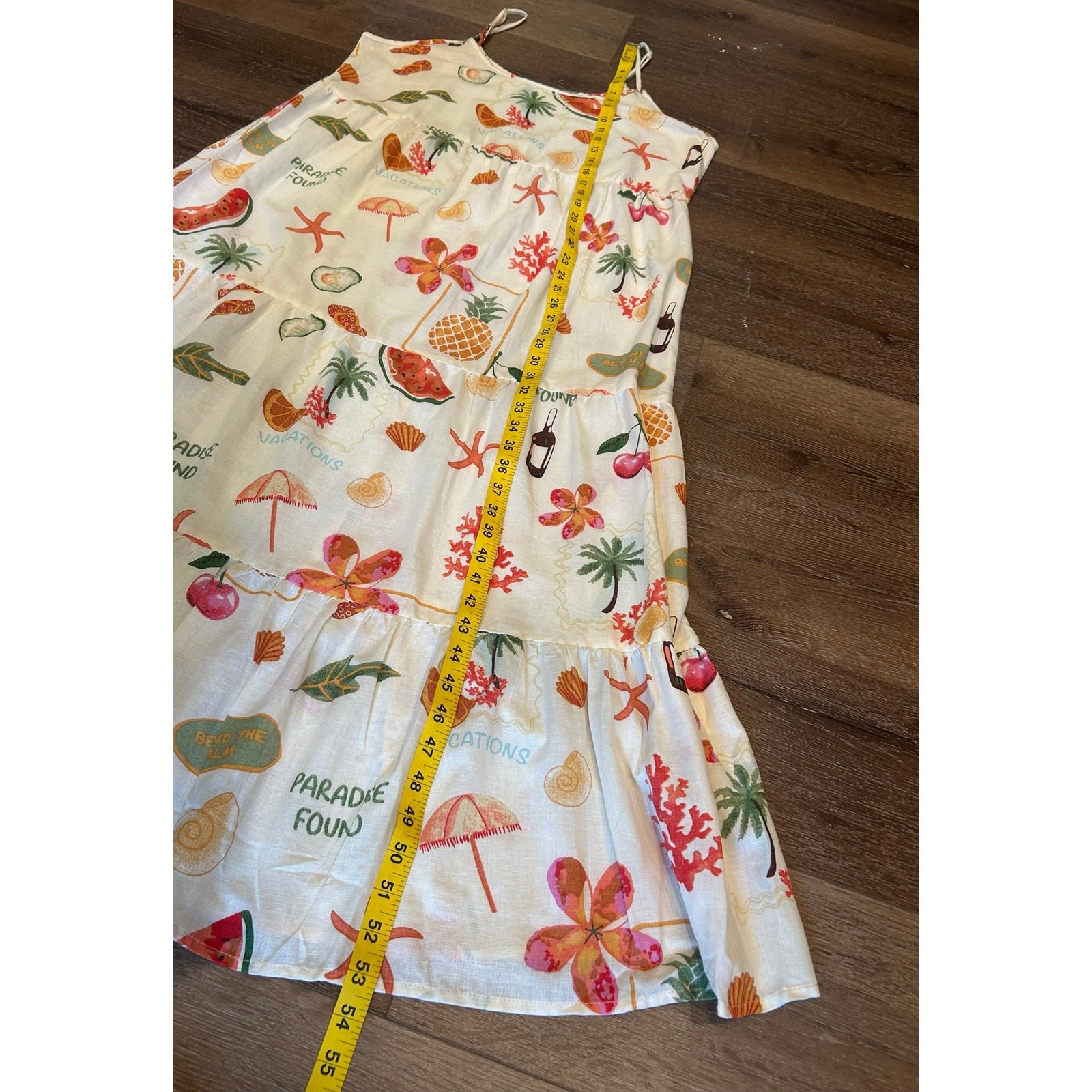 Tropical Vacation Print Tiered Midi Dress Womens L XL Beach Palm Fruit Sundress