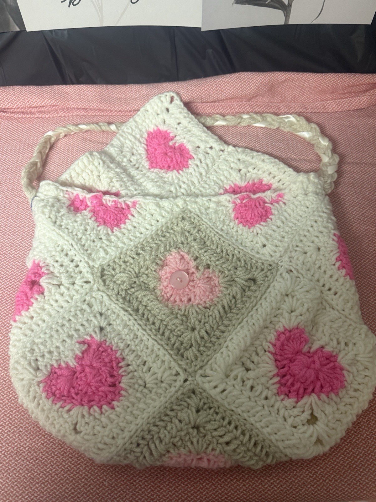 Crochet Pink and White Shoulder Bag with Inside Lining and Pockets