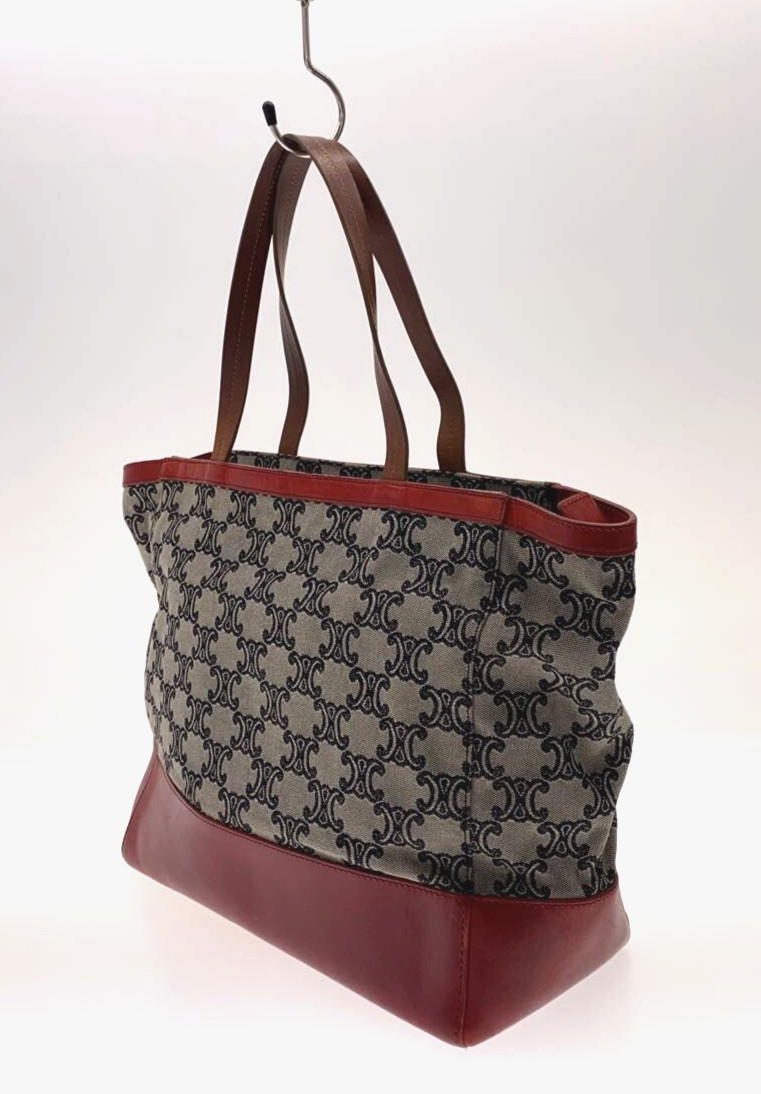 CELINE C Macadam Tote Bag Gray Burgundy Canvas Leather Italy Vintage S0006