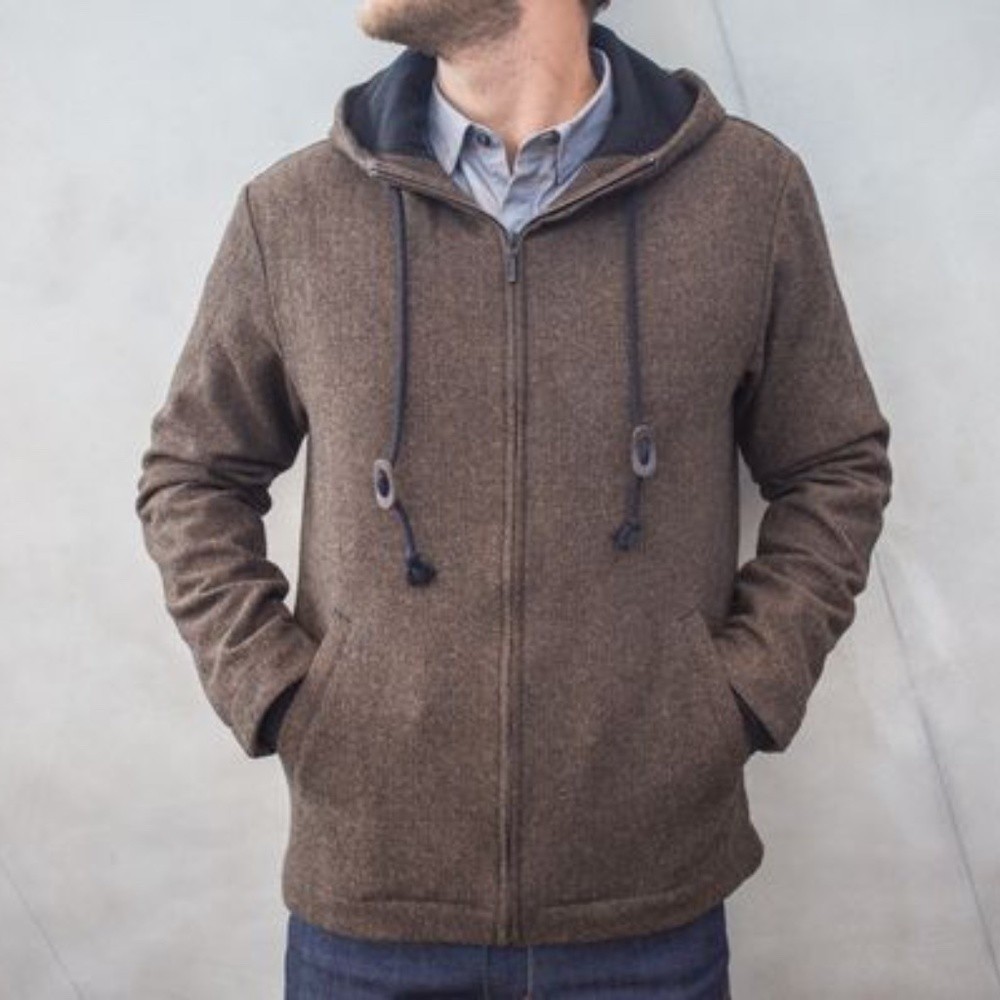 Betabrand Herringbone Academic Zip Front Hoodie Jacket Wool Brown Elbow Patches
