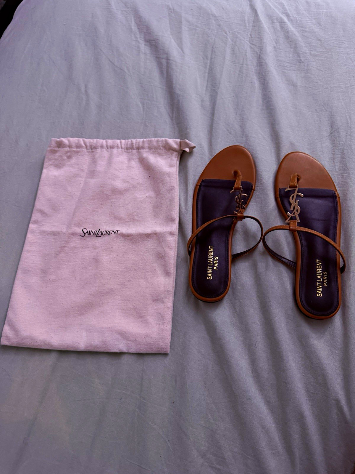 Saint Laurent YSL Logo Leather Thong Sandals Brown Black Gold Women 11