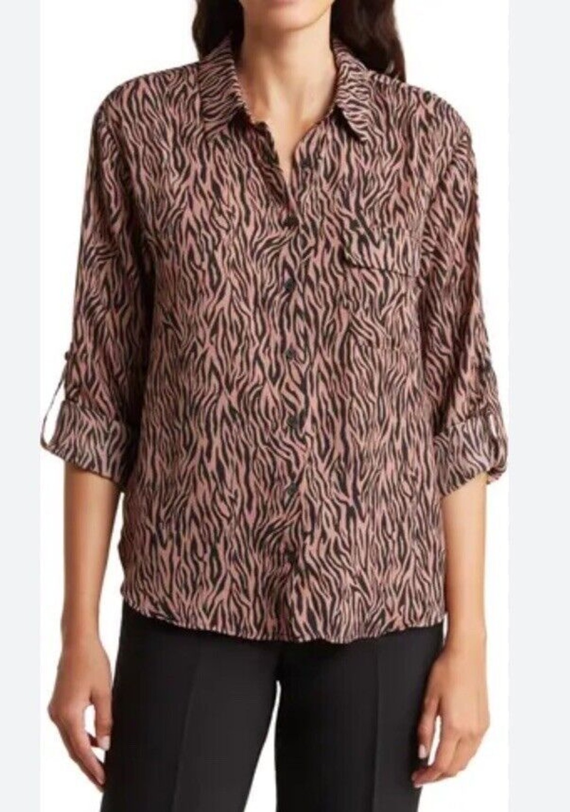 Pleione Zebra Print Button Up Blouse Women Small Roll Tab Long Sleeve NWT