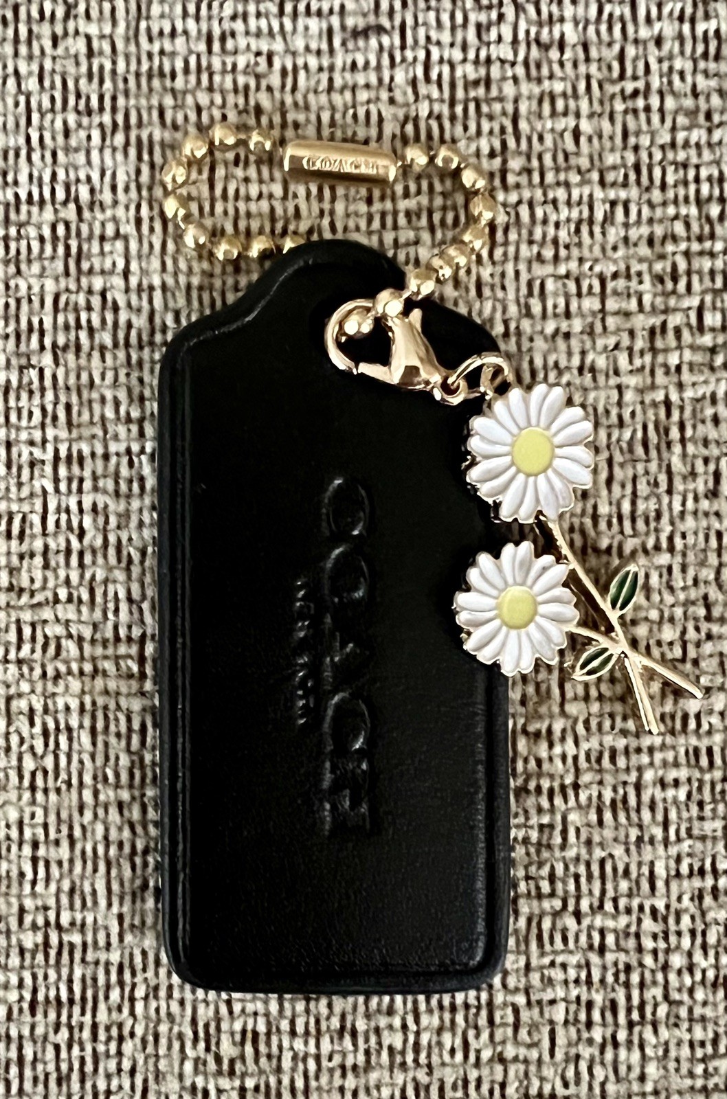 Genuine Coach 2.25” Black Leather Hangtag Double White Daisy Charm New
