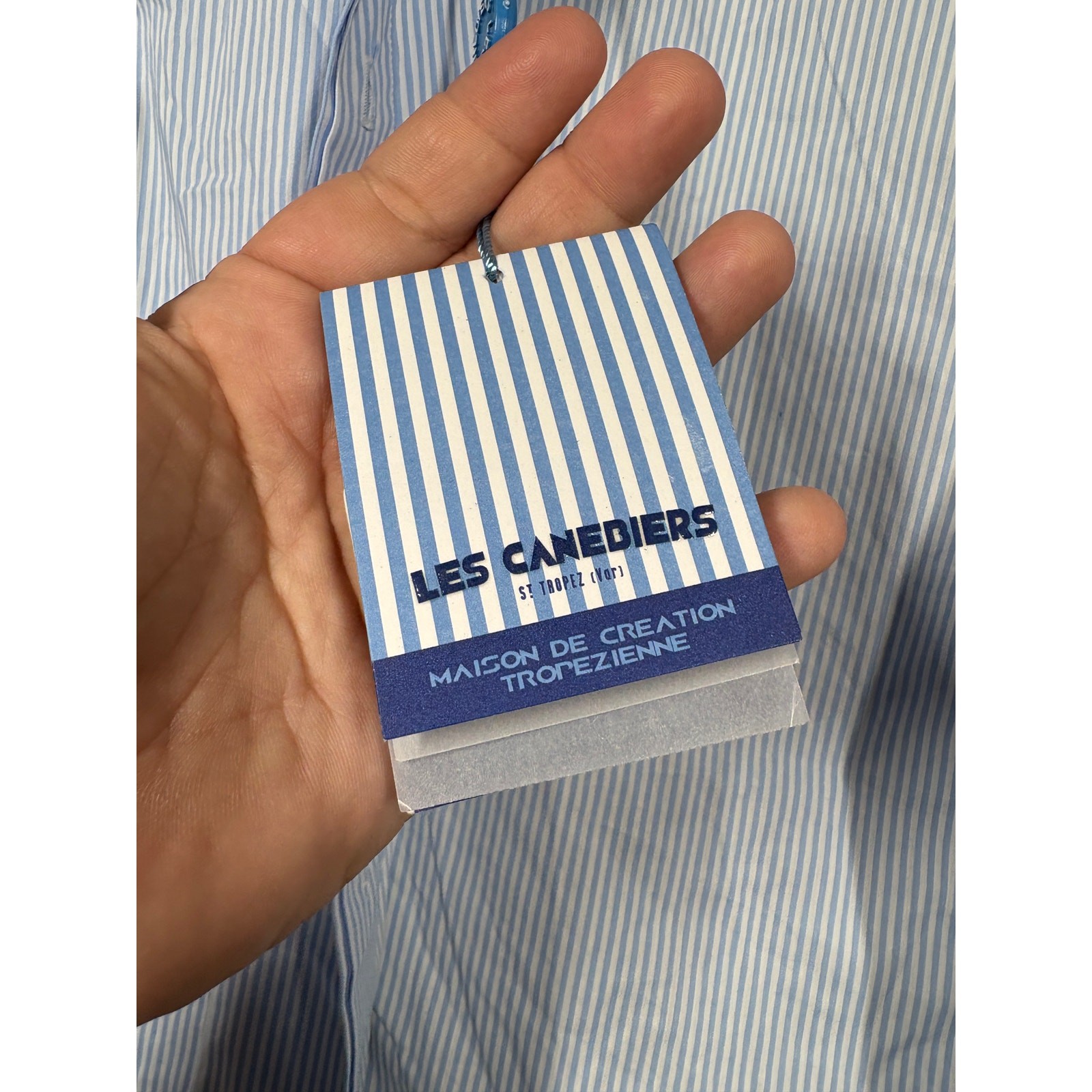 Les Canebiers Large Flat Collared Button Up Shirt Sky Blue Striped Cotton Blend