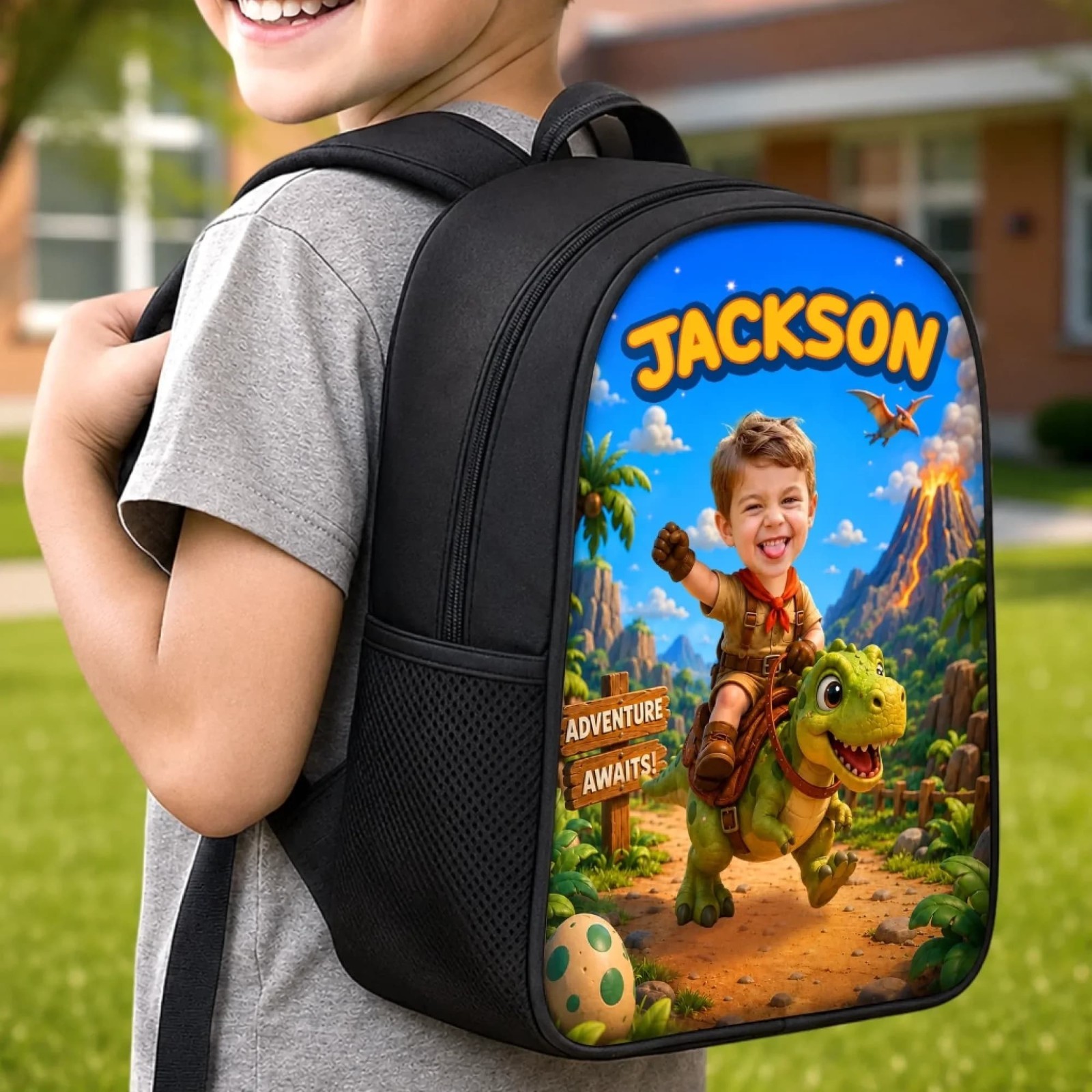 Kids Dinosaur School Backpack, Personalized Photo Book Bag,Custom Back to School