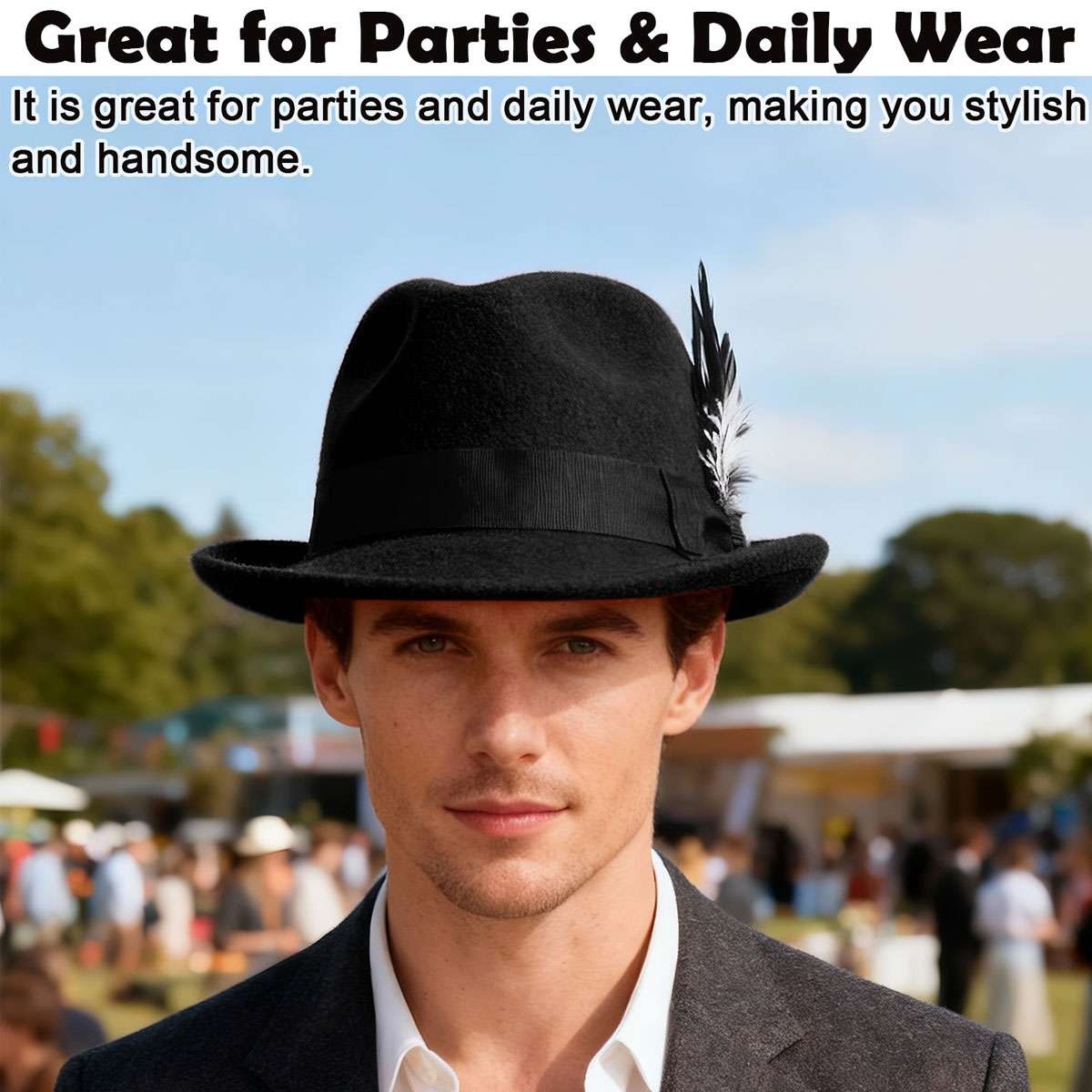 Classic Fedora Hats for Men Gentleman Short Brim Felt Feather Panama Dress Hat