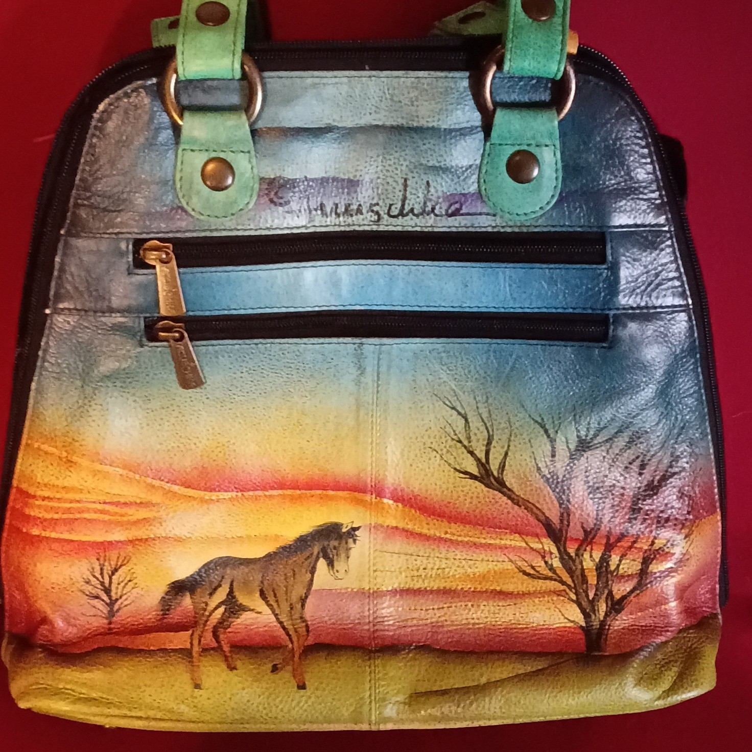 Anuschka Hand Painted Leather Animal Floral Zip Around Shoulder Bag Purse