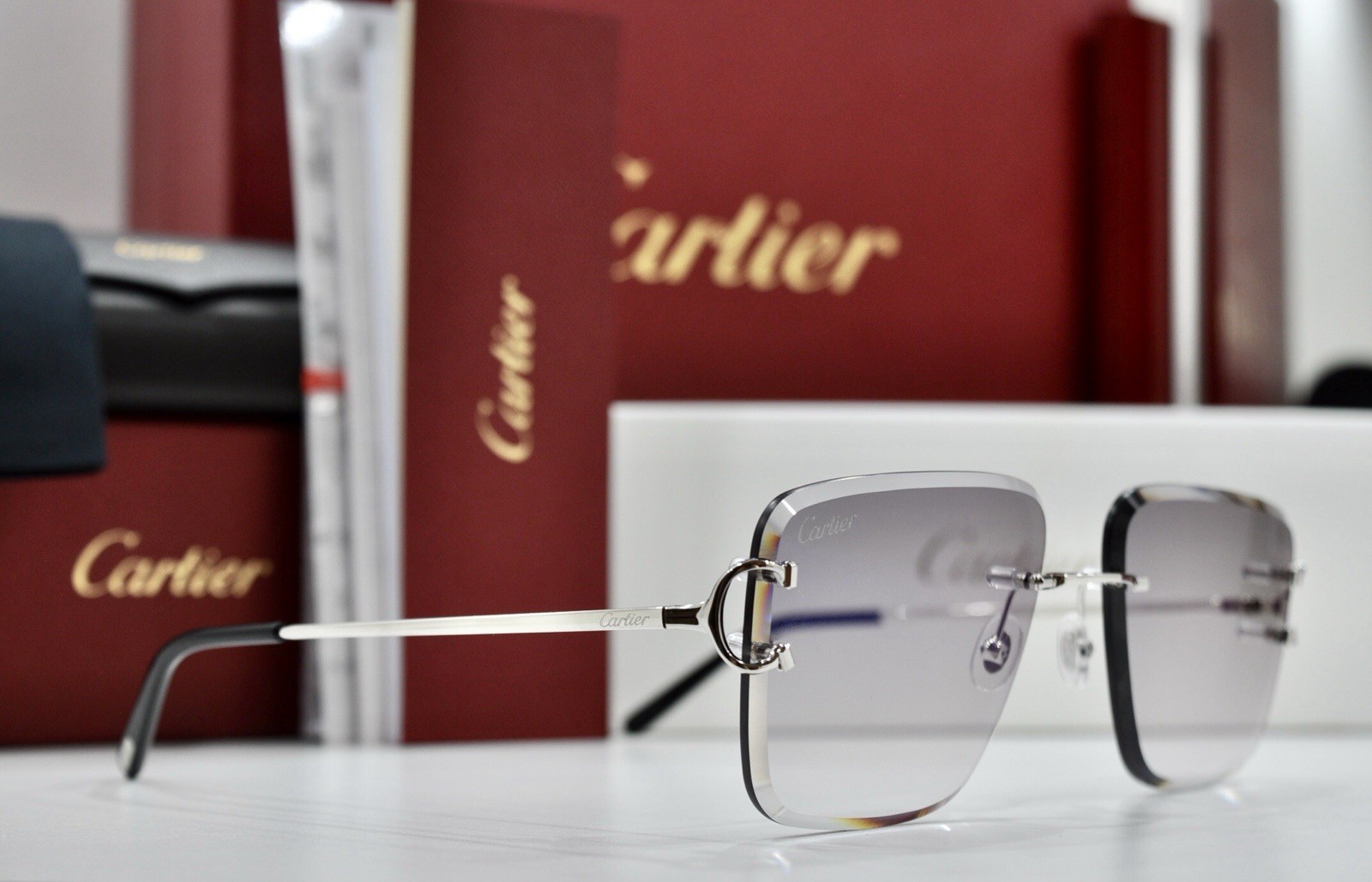 Cartier rimless sunglasses piccadilly glasses Diamond Cut BIG C silver Frame