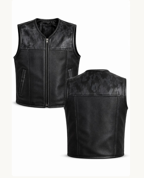 Men Black Perforated Leather Motorcycle Vest Camo Panel Biker Vest for Summer