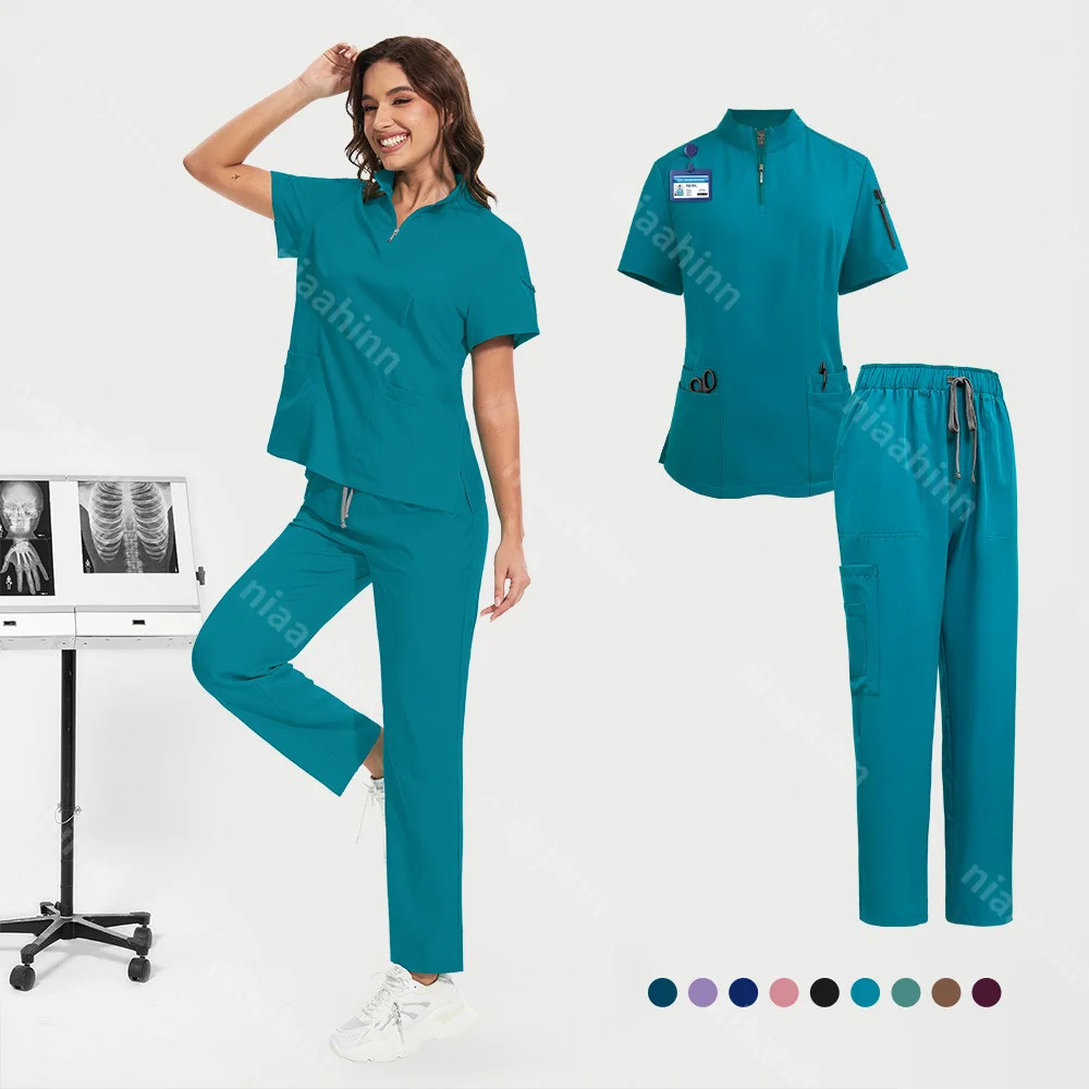 Medical Nursing Scrub Uniform Set Zipper-Tops Straight-Pants for Hospital Clinic