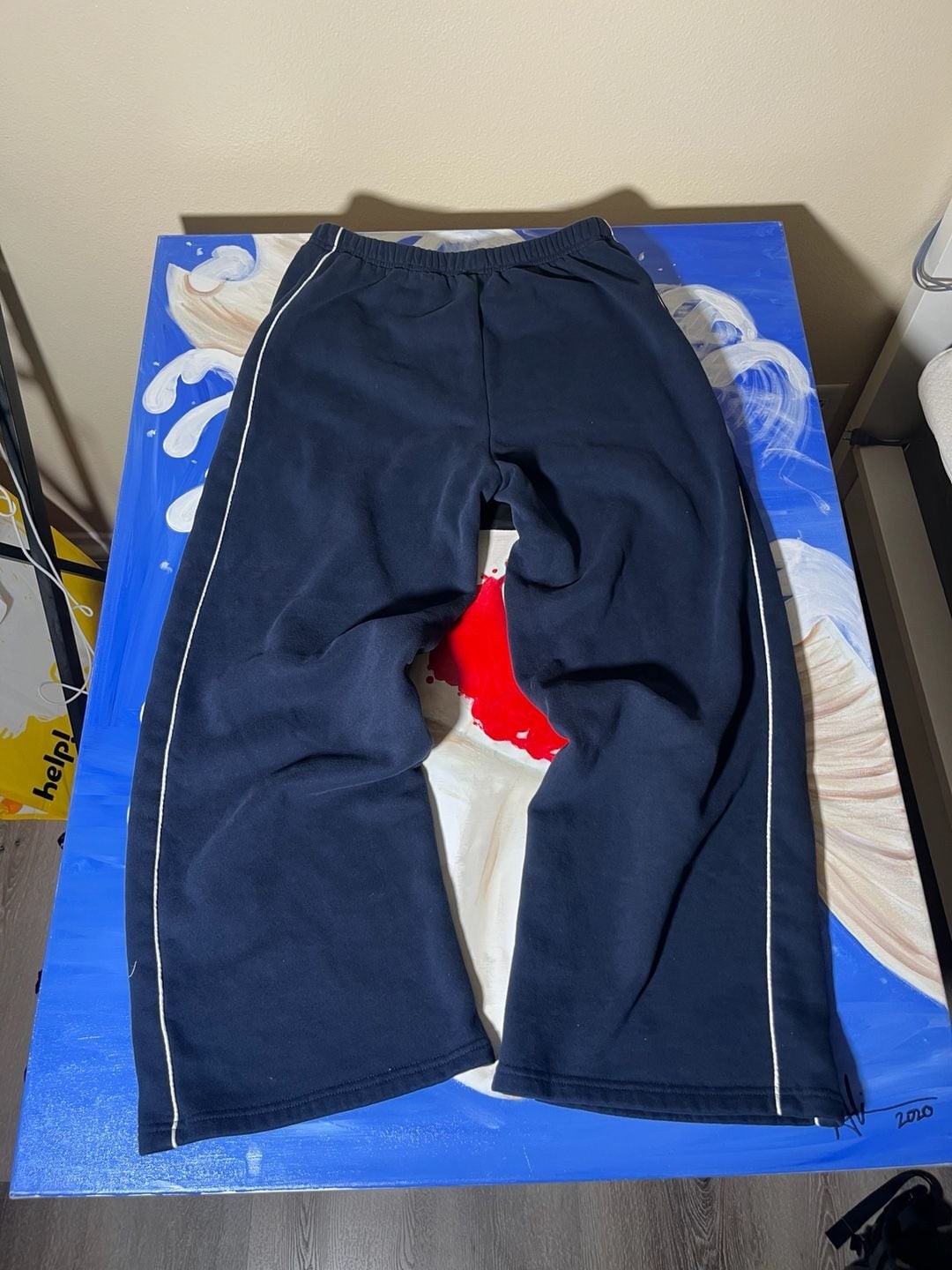 Edikted Navy Blue Wide Leg Sweatpants with White Piping Detail