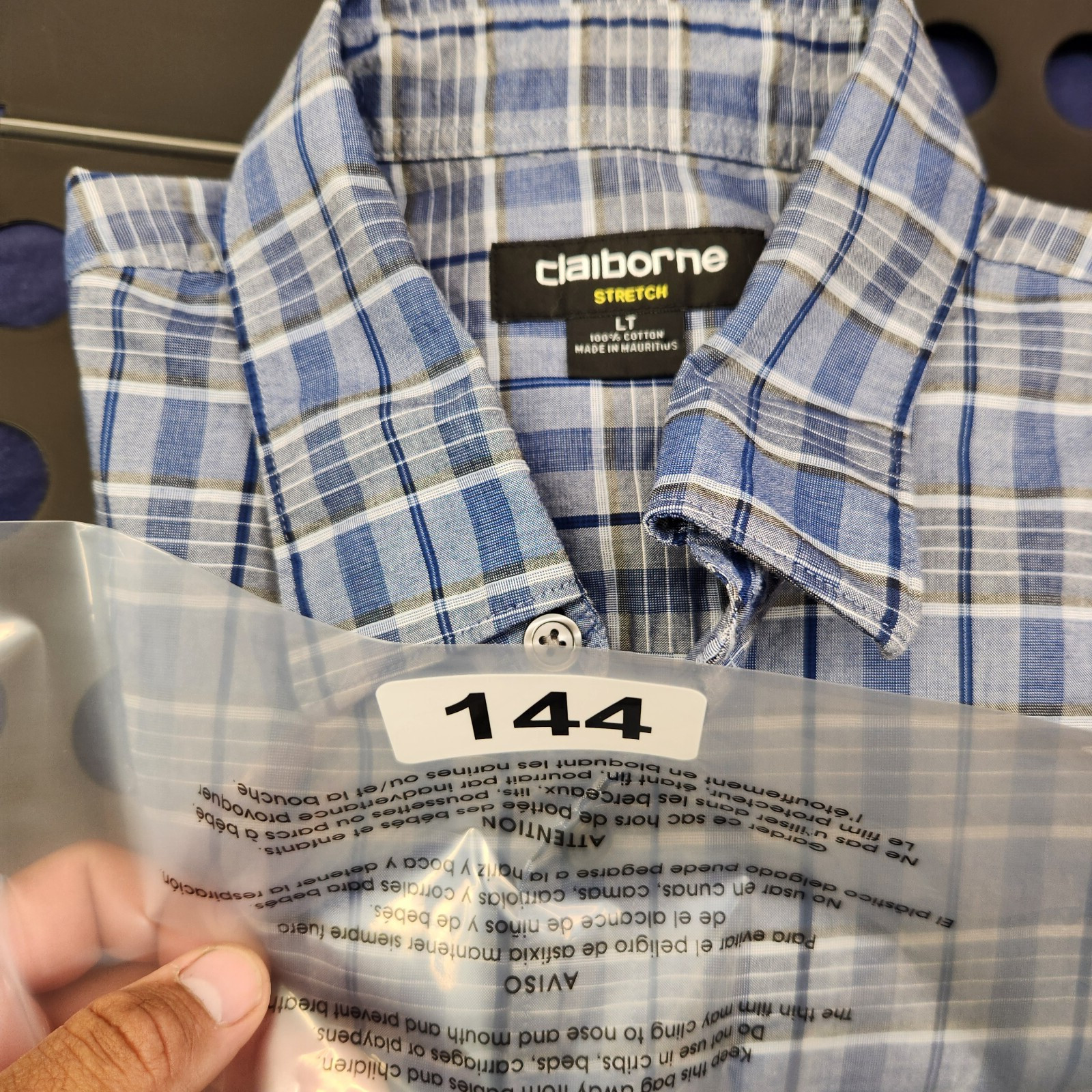 Claiborne Long Sleeve Stretch Size Large Blue,Gray and White Plaid Barrel Cuff