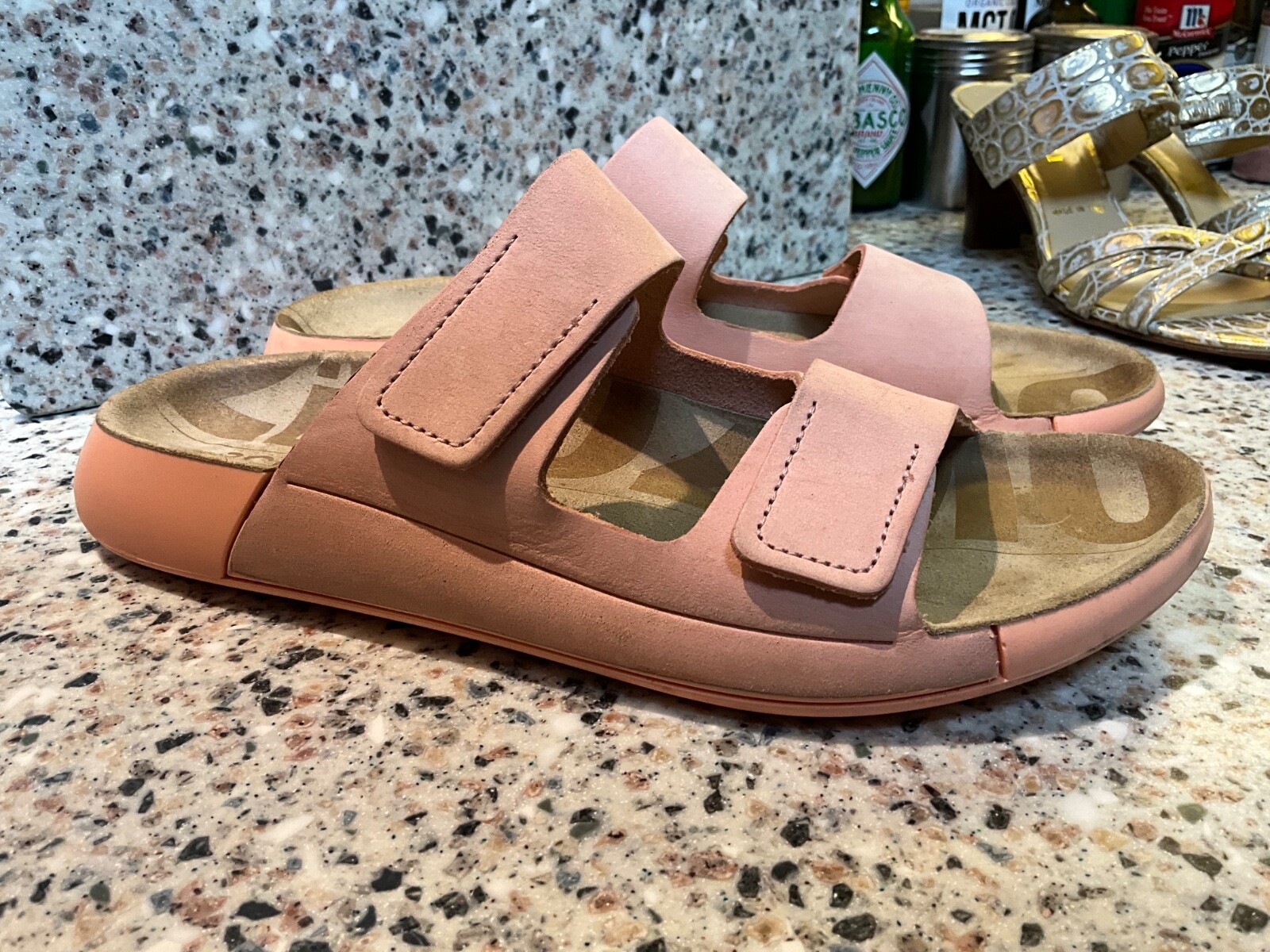 ECCO 2ND COZMO DUAL STRAP LIMESTONE FOOTBED MULE WOMEN SIZE 39/8-8.5 APRICOT