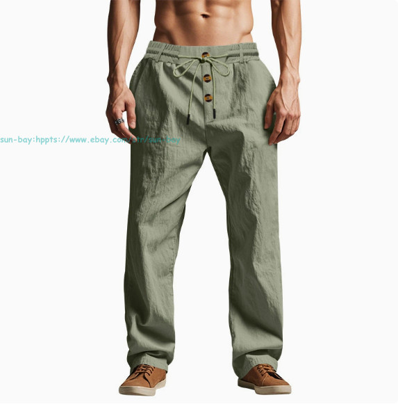 Men Casual Linen Pants Elastic Waist Drawstring Summer Beach Trousers withPocket