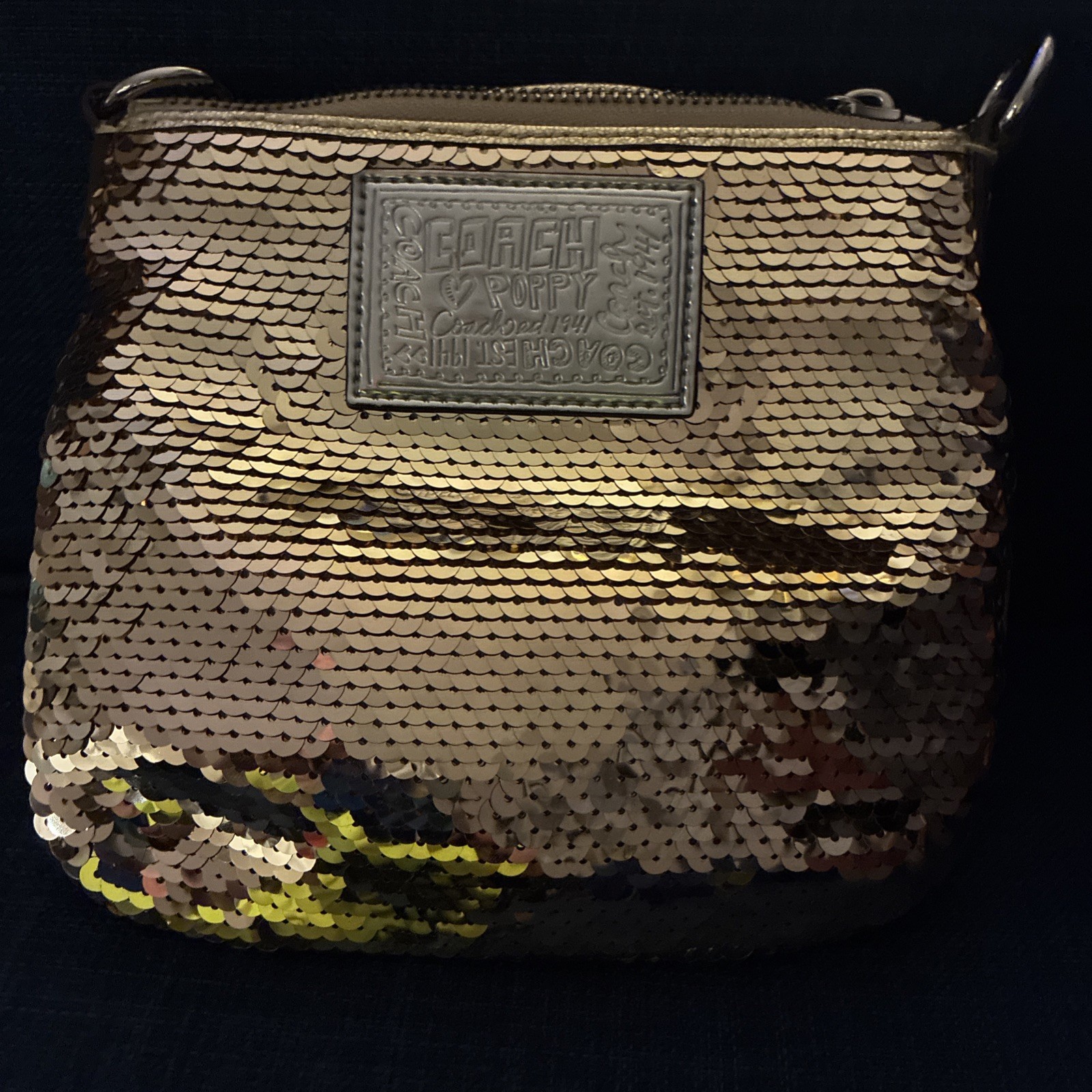 COACH Poppy Gold Sequin Leather Shoulder Bag with Logo Plate – Auth