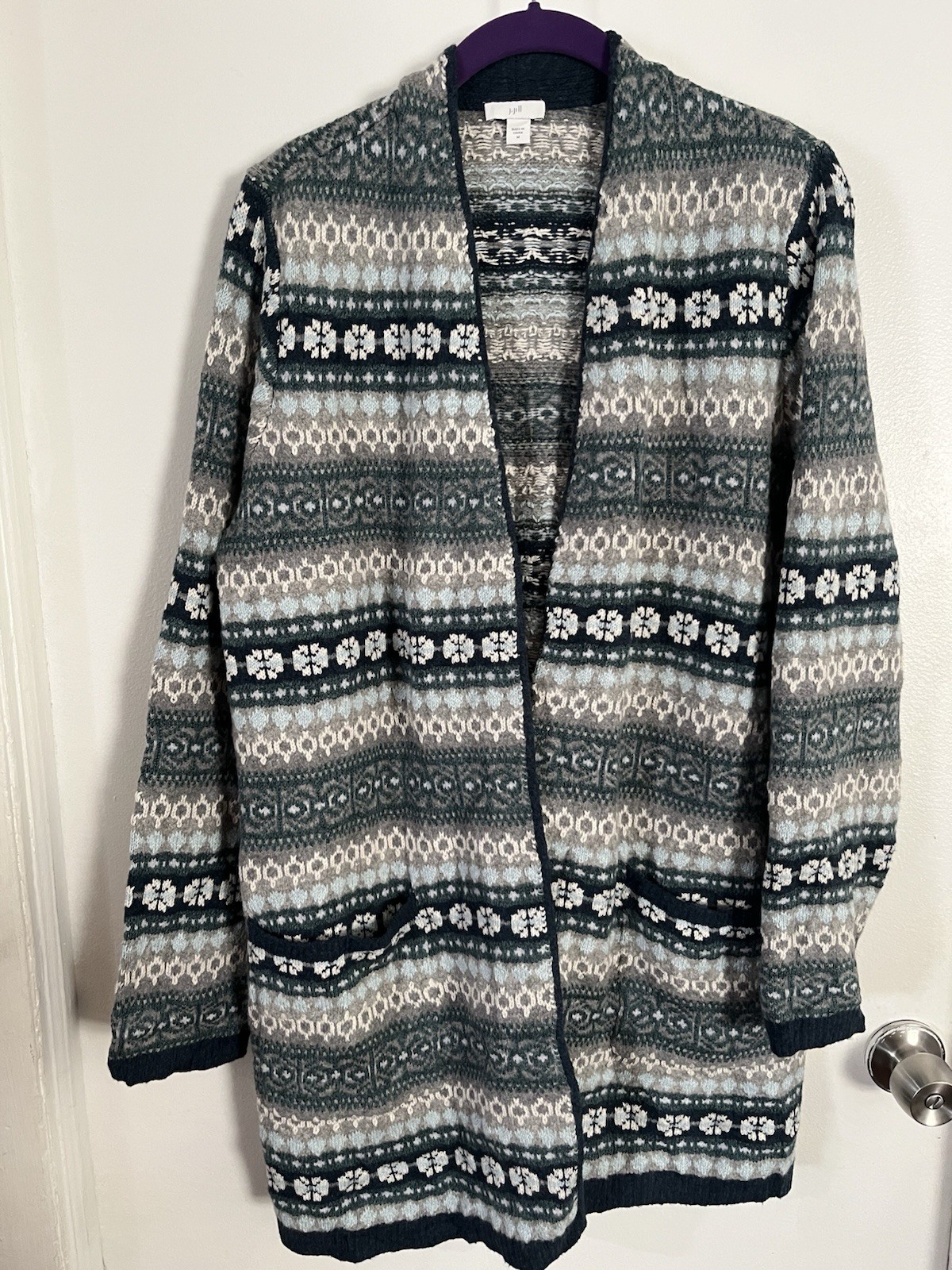 J JILL Medium Fair Isle Nordic Gray Blue Green Sweater Open Cardigan w/Pockets