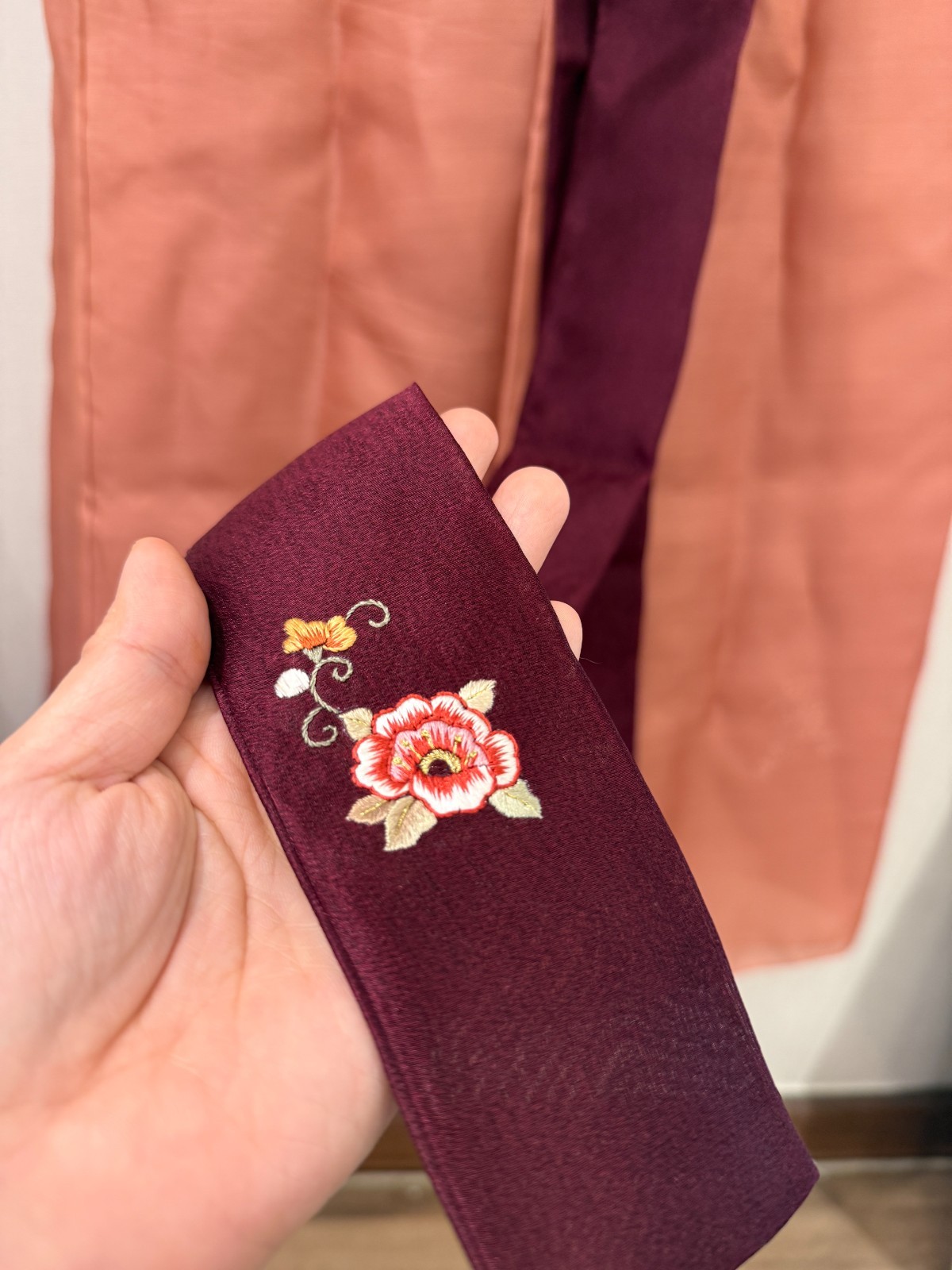 Korean Traditional Hanbok Set Pink Rose Gold Sheer Embroidered w/ Bag Norigae