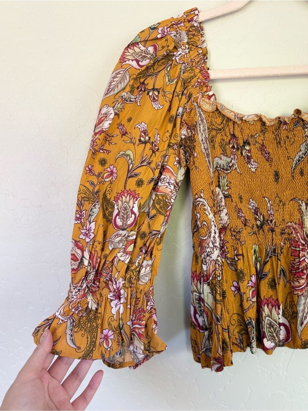 Anthropologie Conditions Apply Marigold Yellow Smocked Puff Sleeve Blouse Medium