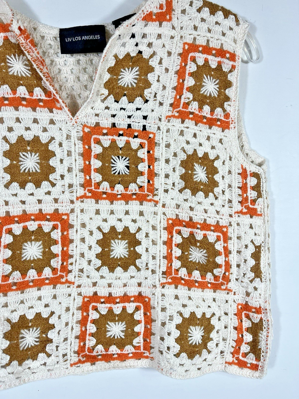 Liv Los Angeles Granny Square Crochet Afghan Crop Top Large Festival Boho NEW