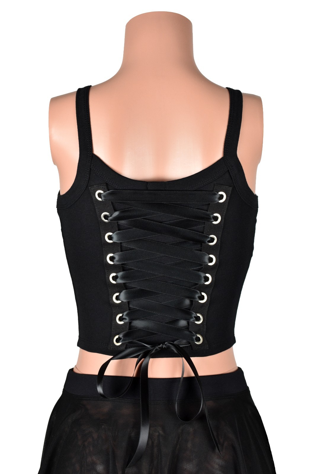 Black Lace-Up Back Grommet Cropped Tank Top S M L XL 2X corset lacing metal goth