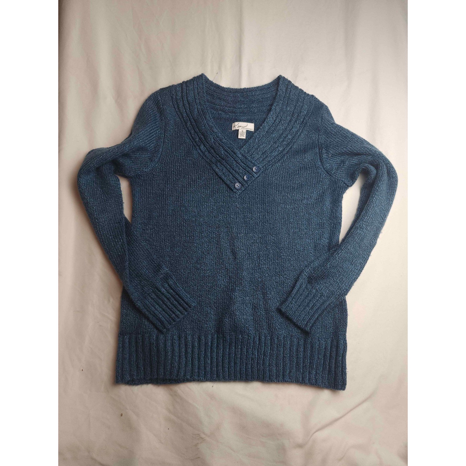 Kim Rogers Blue Heathered V-Neck Button Accent Knit Sweater Womens Medium
