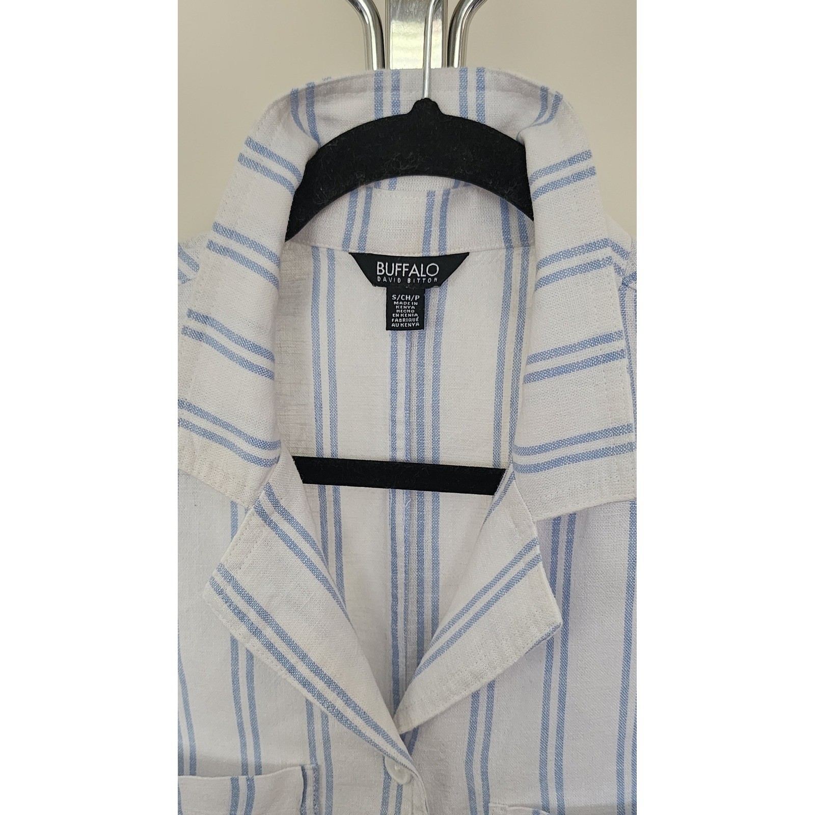 Buffalo David Bitton Womens Linen Blend Striped Short Sleeve Camp Shirt Blue S