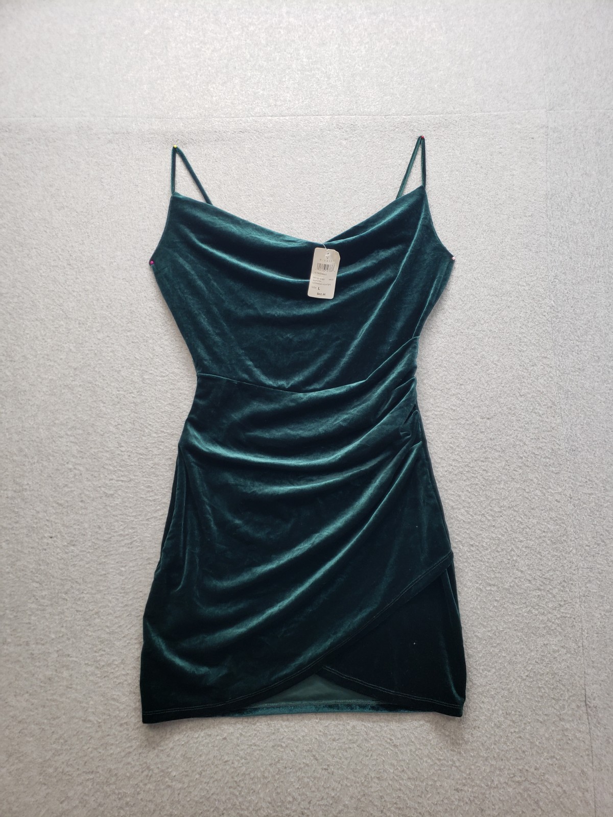 Windsor Women Dress L Green Velvet Cowl Neck Spaghetti Strap Ruched Bodycon Mini
