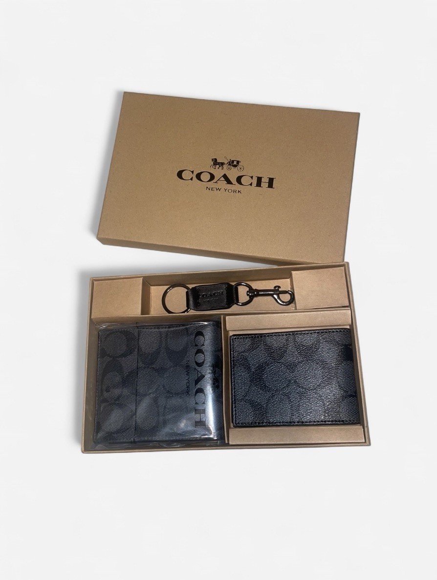 Coach Men’s 3-in-1 Wallet Set Signature Black/Black/Oxblood NWT Box Included New