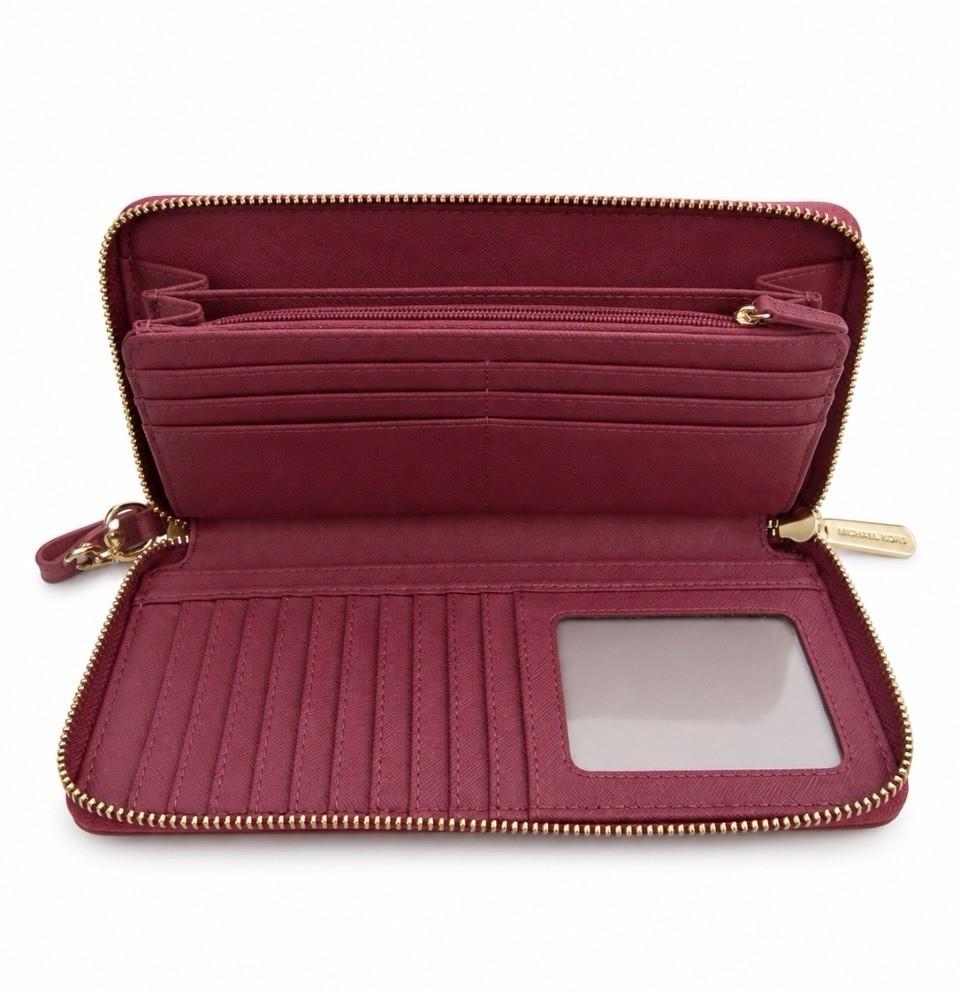Michael Kors Jet Set Large Wallet Wristlet Brown Monogram Rasberry Center Stripe