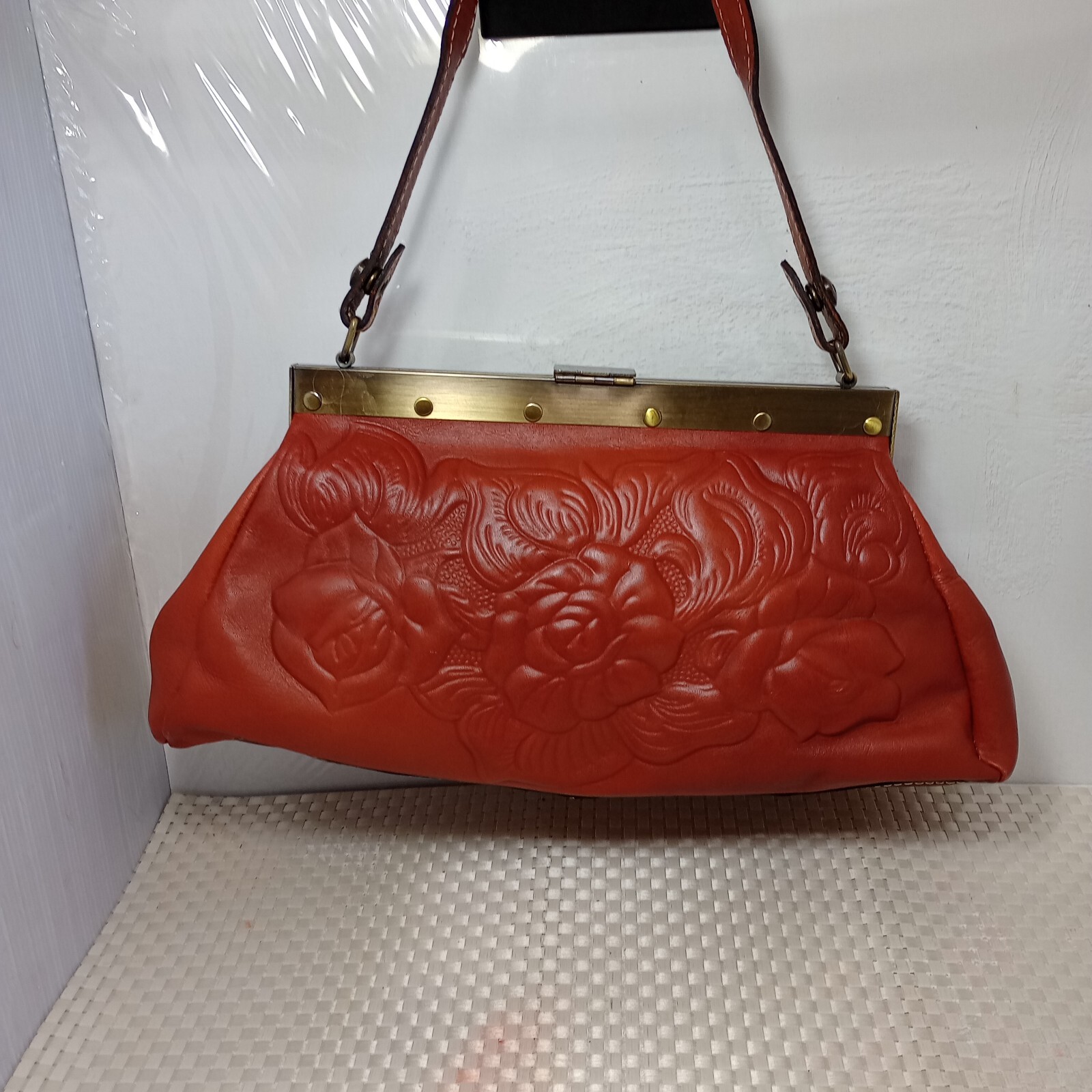 Patricia Nash Floral Embossed Cognac Leather bag Medium Brass Bottom Studs EUC