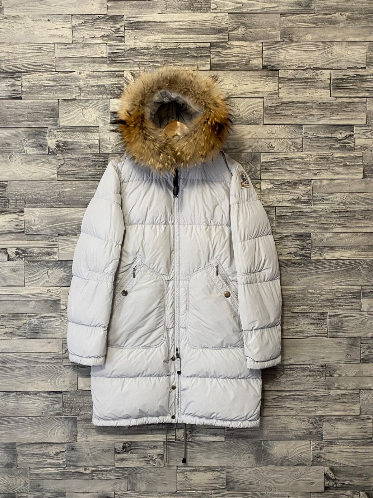 PARAJUMPERS PJS Womens Winter Down Puffer Fur Trim Logo Long Bear Parka Jacket M