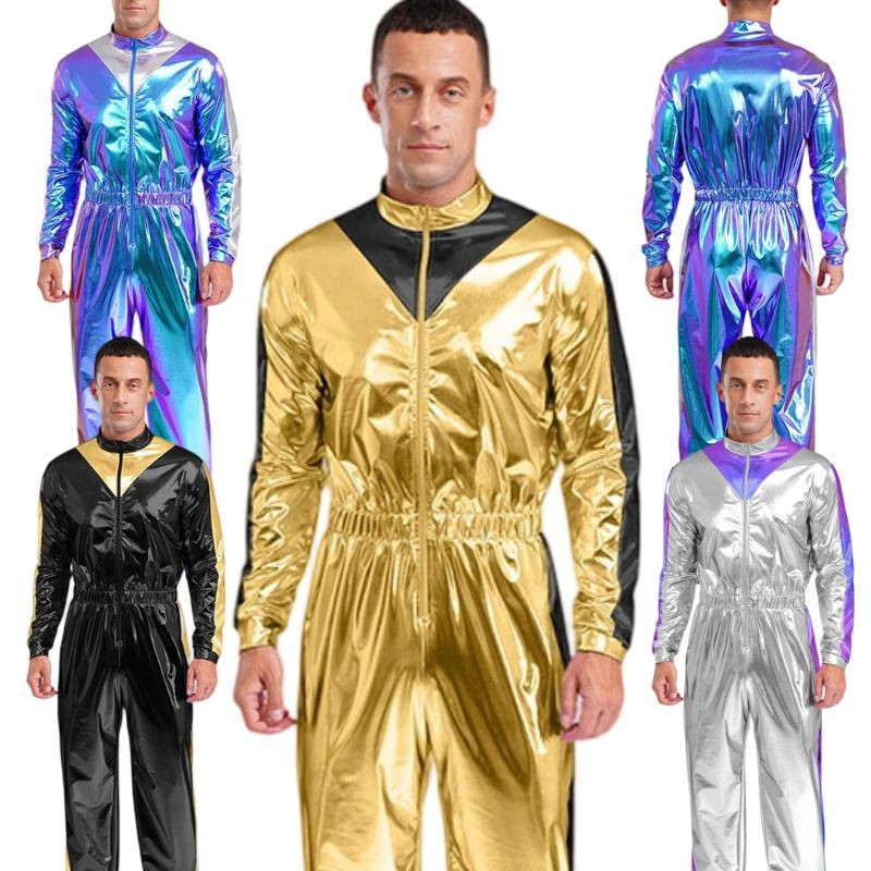 US Men Bodysuit Costume Jumpsuit Mechanical Unitards Sparkly Casual 70s Clubwear