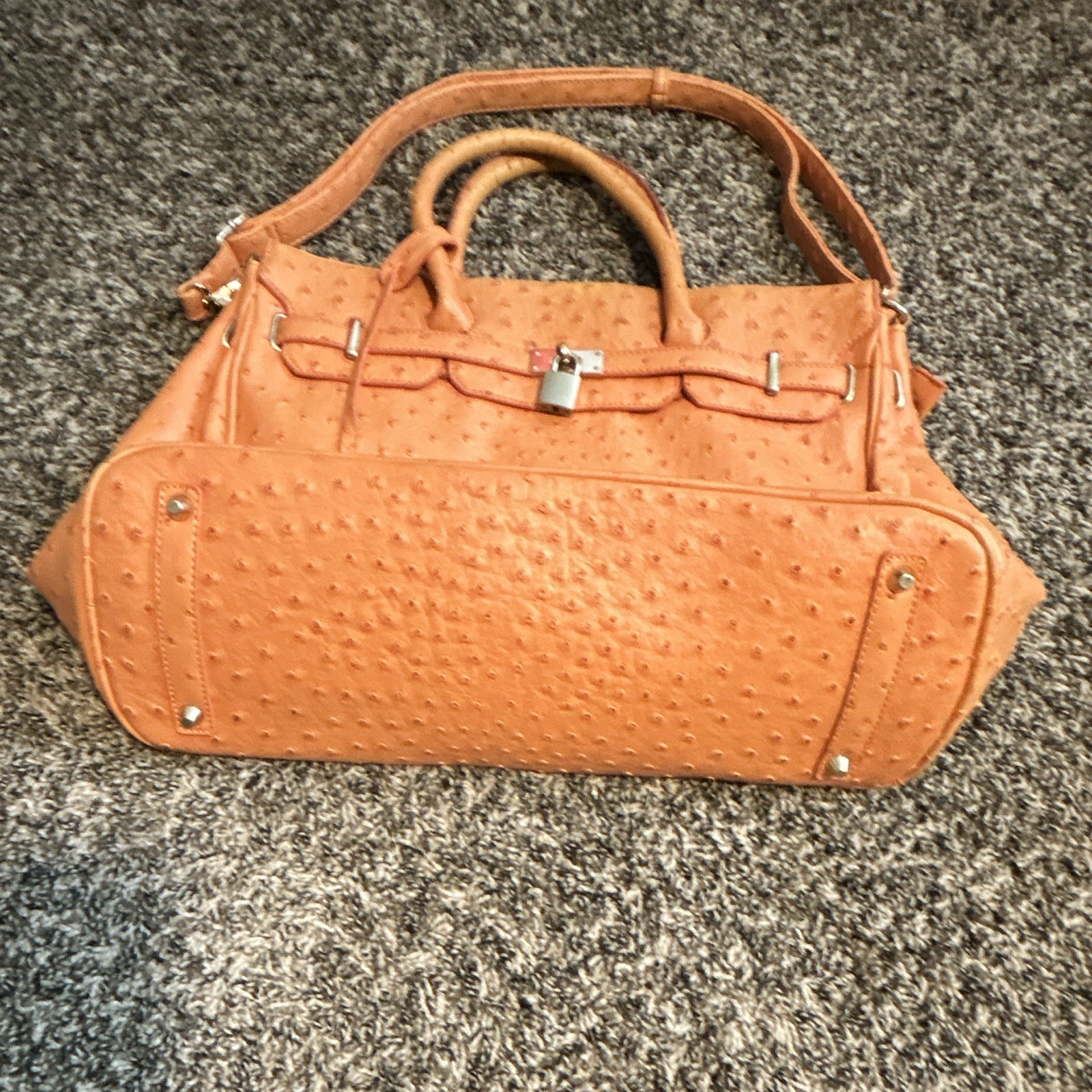 Ostrich Embossed Tan Large Satchel Top Handle, Detachable Strap, Zip/Lock