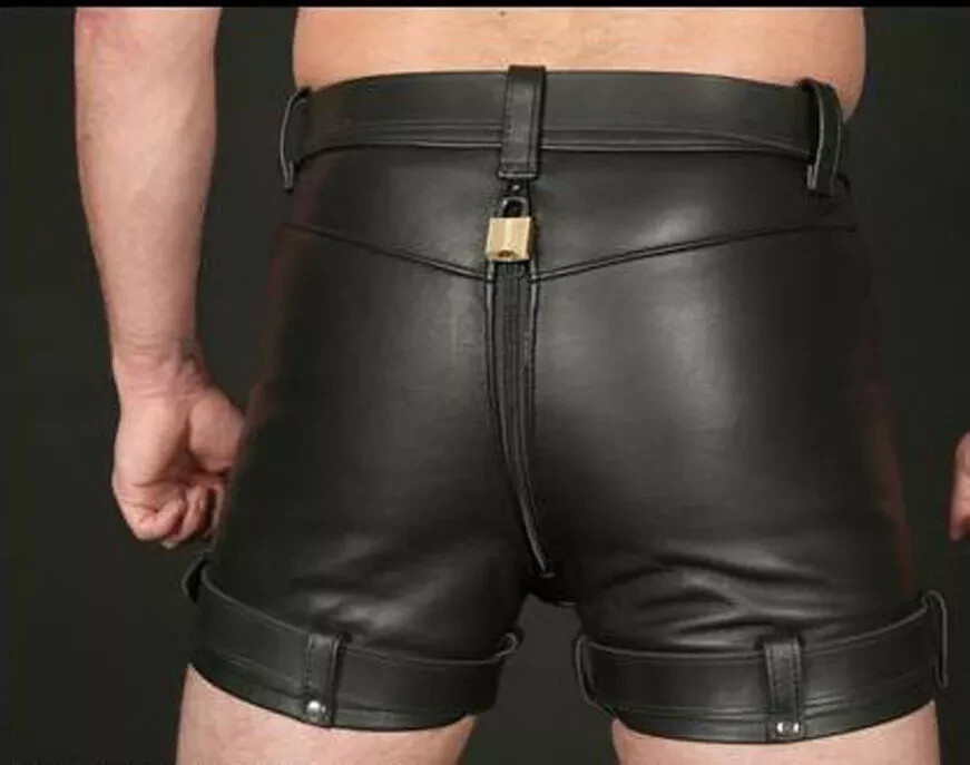 REAL LEATHER MEN’S CHASTITY SHORTS WITH FREE PADLOCKS BLUF SHORTS USA STOCK