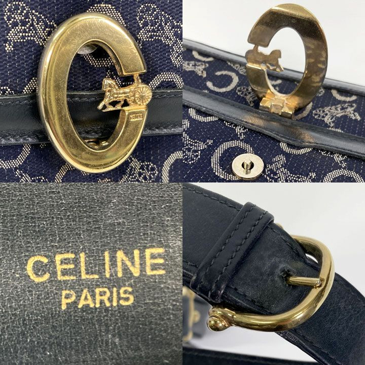 CELINE C Macadam Sulky Shoulder Bag Navy Canvas Leather Vintage Italy Authentic