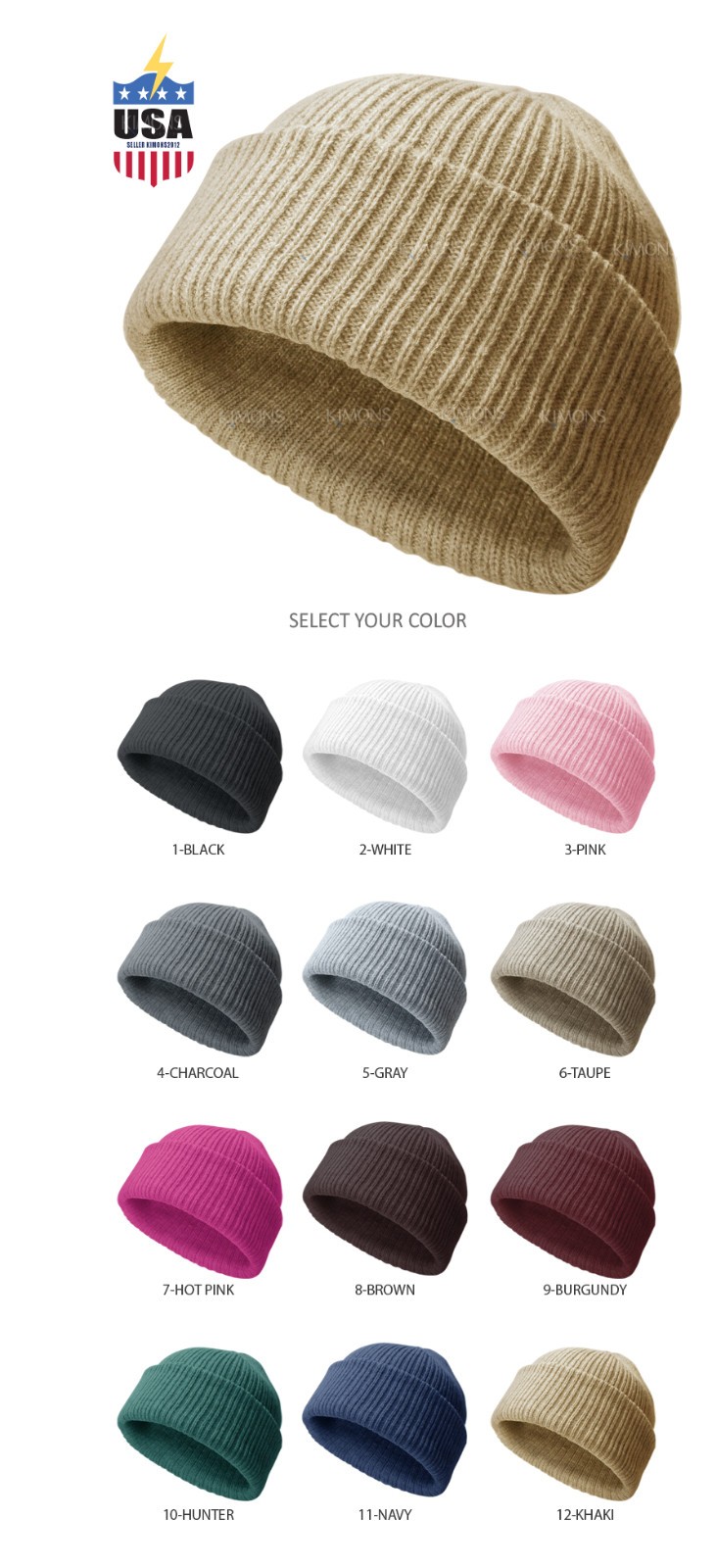Ribbed Thick Beanie Plain Knit Cuff Ski Cap Skull Hat Warm Solid Color Winter