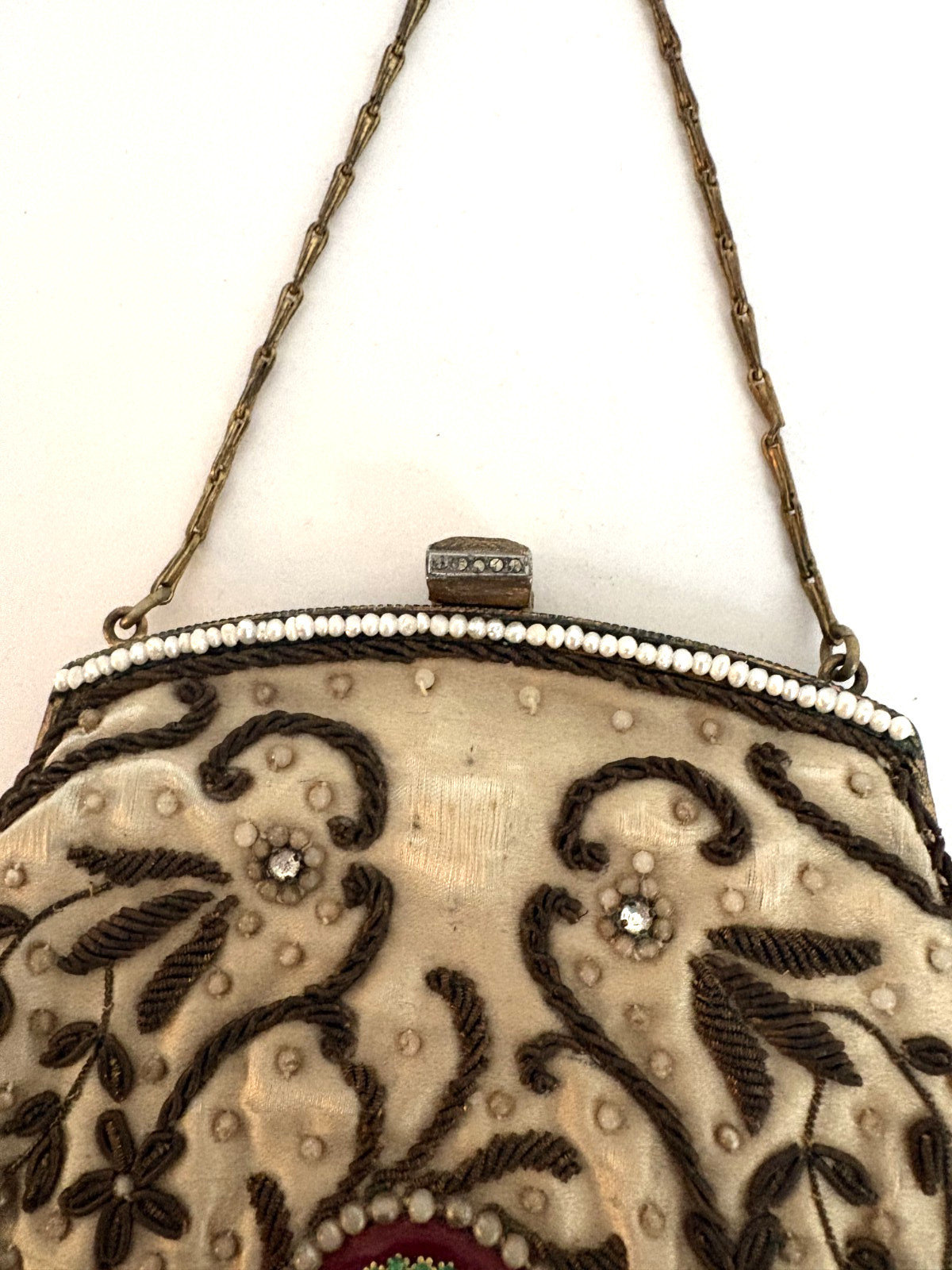 French Victorian Cameo TRINITY BAG Copper Beaded w/Pearls/Copper Metallic Thread