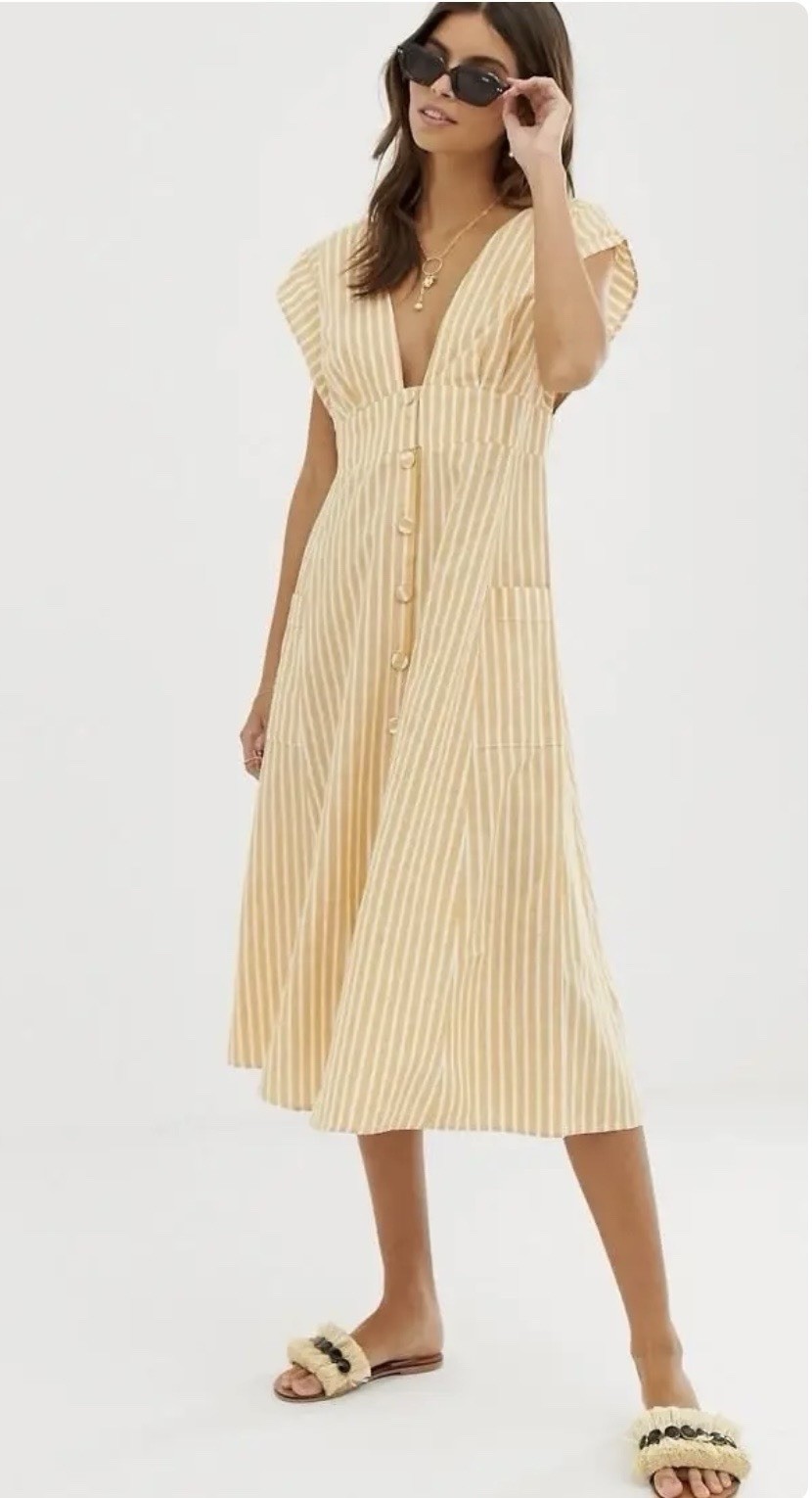 ASOS Yellow & White Striped A-Line Midi Dress V-Neck Sleeveless Pockets 6