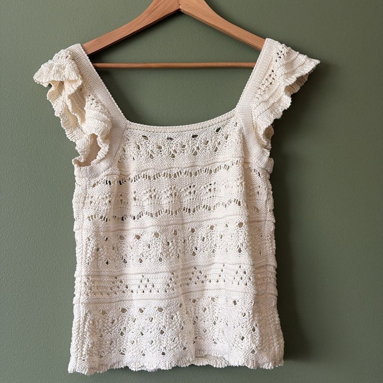 Loft Crochet Ruffle Sweater Tank Top Boho Ivory 100% Cotton Sz L