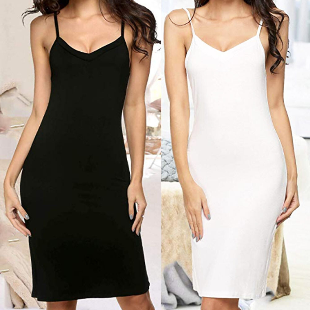 US Women Long Cotton Blend Spaghetti Strap Full Slip Under Dress Liner Nightgown